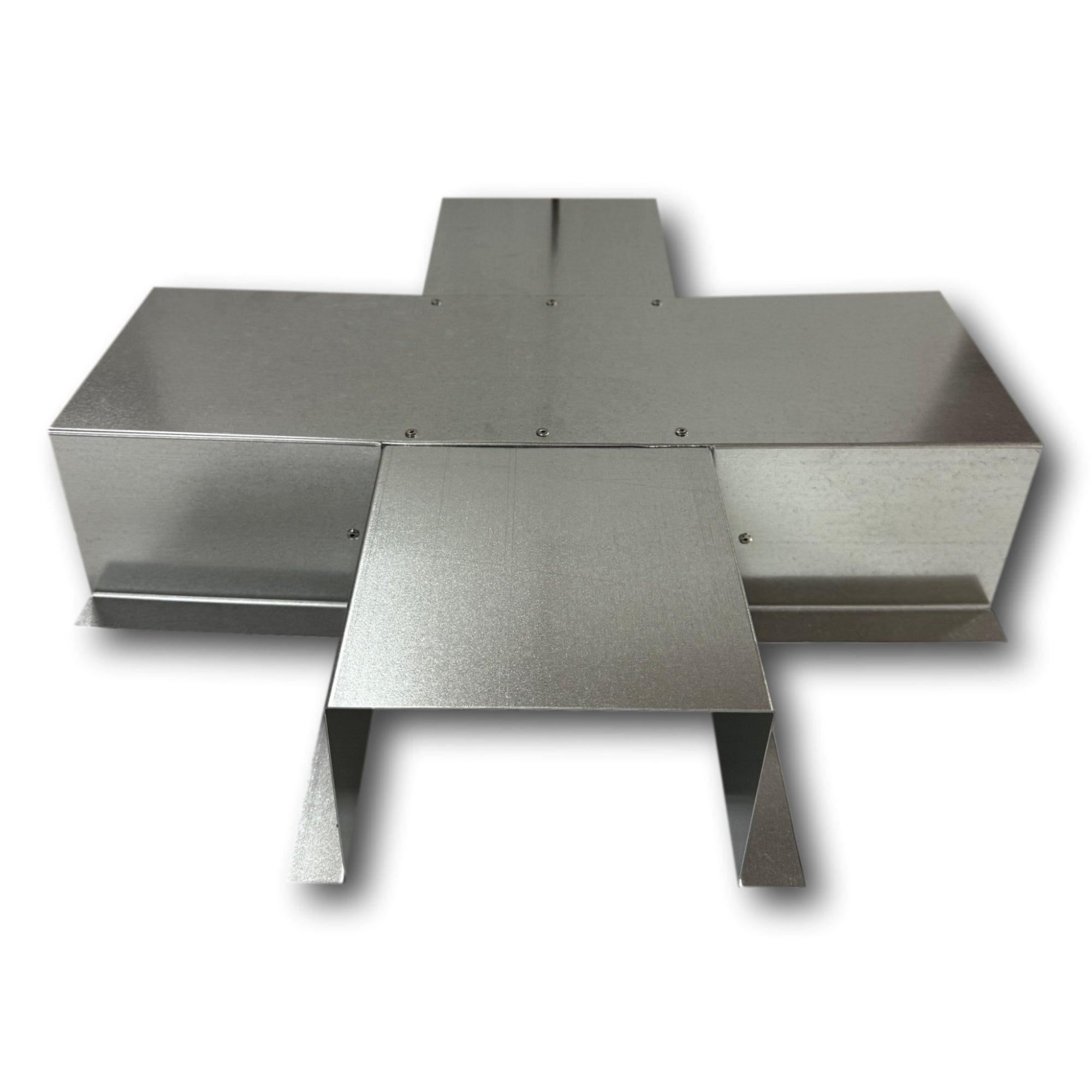 A PermaCover Metal HVAC Line Set Cover 4-Way T-Joint Connector that is made to attach to exterior walls to cover existing HVAC line sets. The elbow cover is made from 26 Gauge Galvanized Steel.
