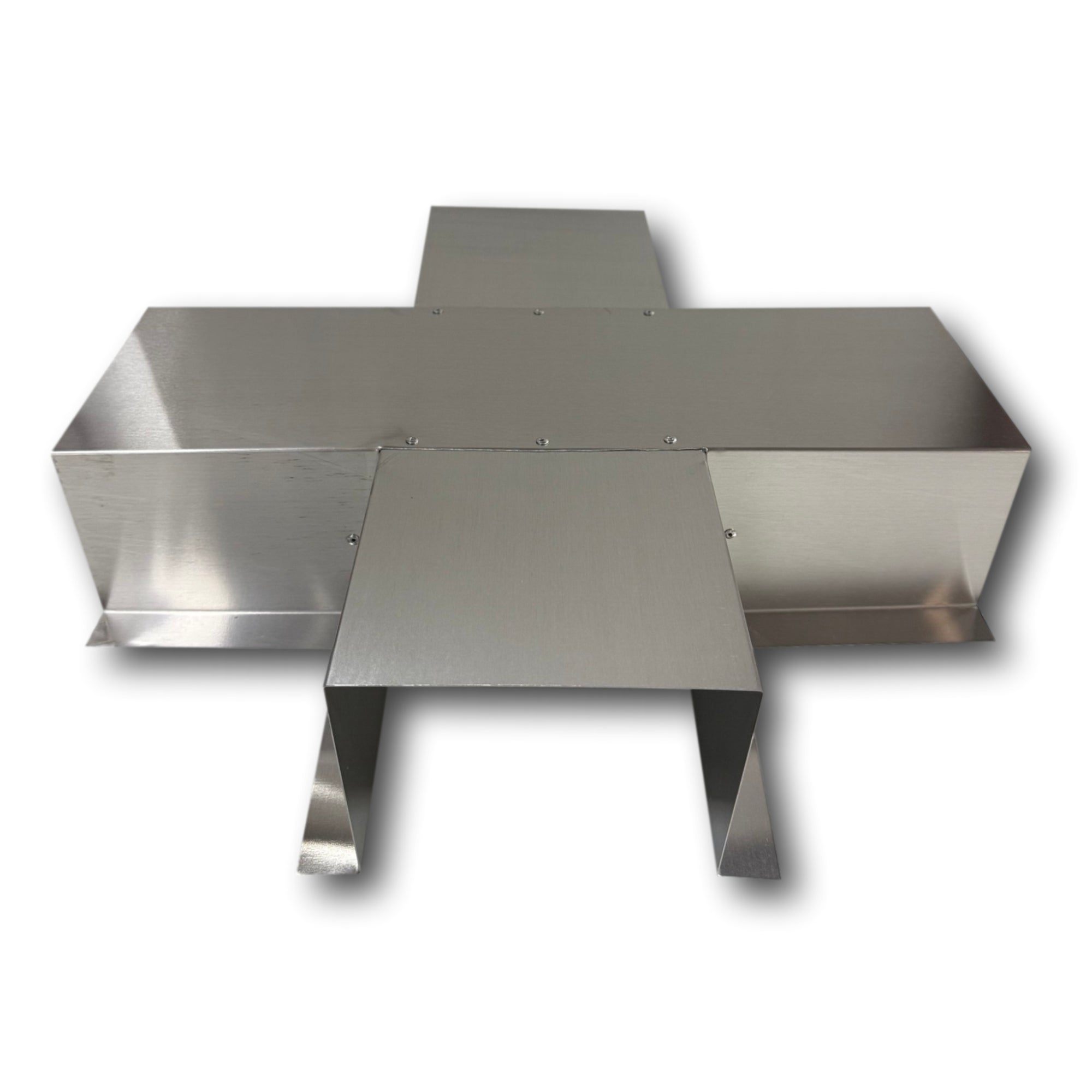 A PermaCover Metal HVAC Line Set Cover 4-Way T-Joint Connector that is made to attach to exterior walls to cover existing HVAC line sets. The elbow cover is made from 0.032" Mill Finish/Bare Aluminum.
