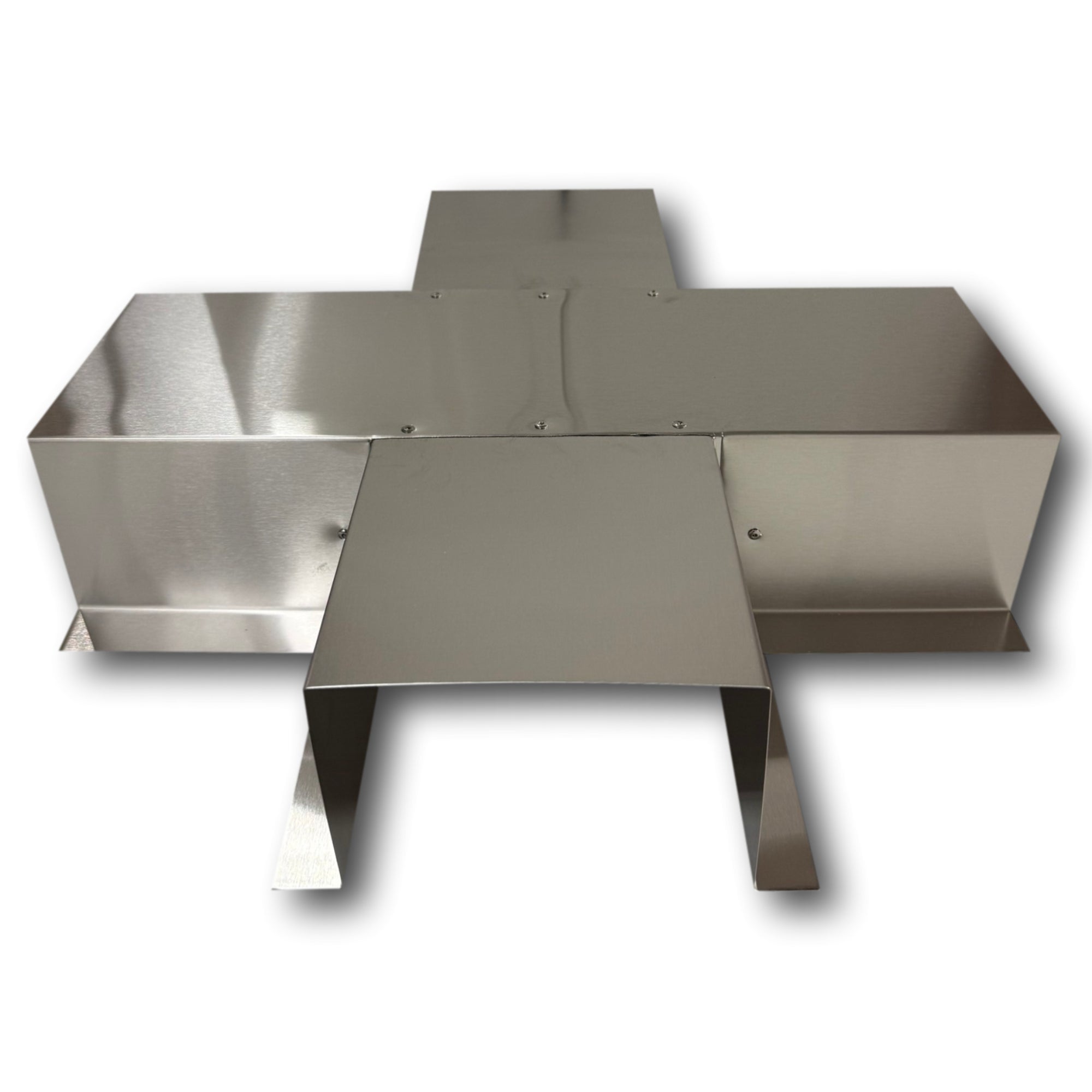 A PermaCover Metal HVAC Line Set Cover 4-Way T-Joint Connector that is made to attach to exterior walls to cover existing HVAC line sets. The elbow cover is made from 26 Gauge Stainless Steel.