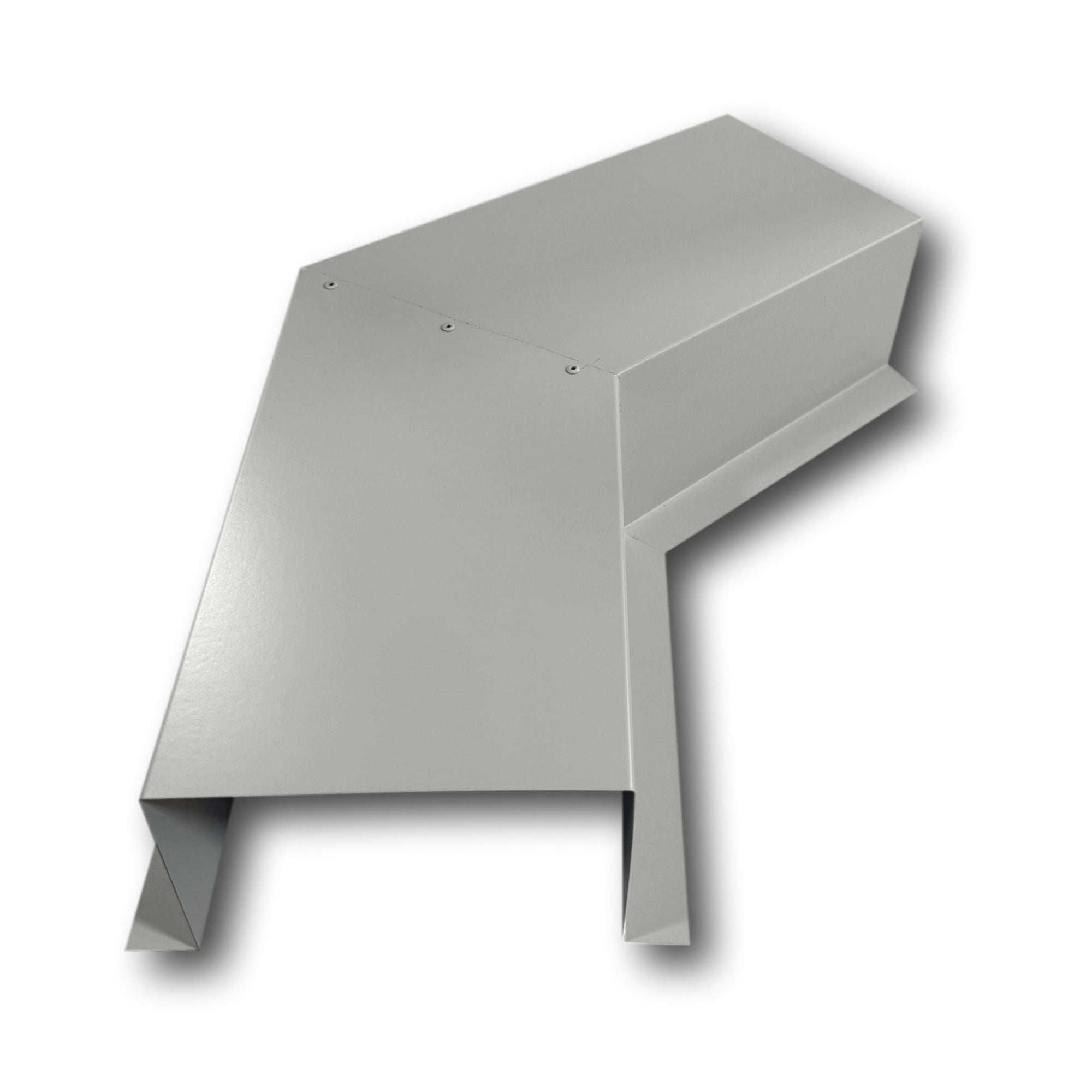 A PermaCover Metal HVAC Line Set Cover 45° Side Turning Elbow that is made to attach to exterior walls to cover existing HVAC line sets. The elbow is made from 24 Gauge Painted Steel and is Ash Gray in color.
