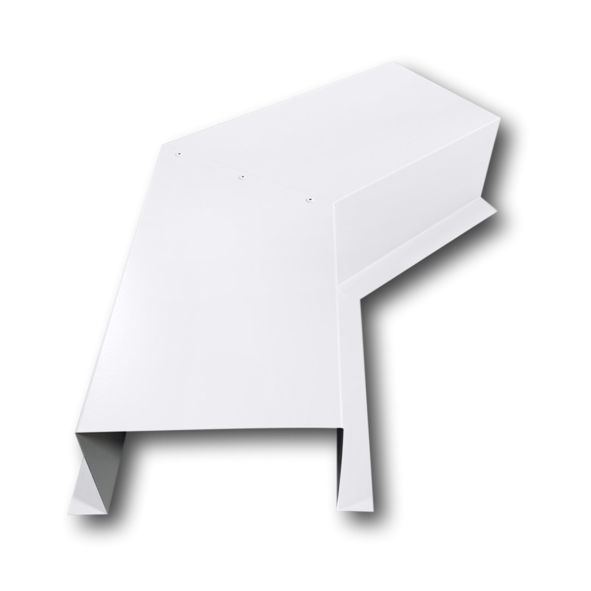 A PermaCover Metal HVAC Line Set Cover 45° Side Turning Elbow that is made to attach to exterior walls to cover existing HVAC line sets. The elbow is made from 24 Gauge Painted Steel and is Bright White in color.