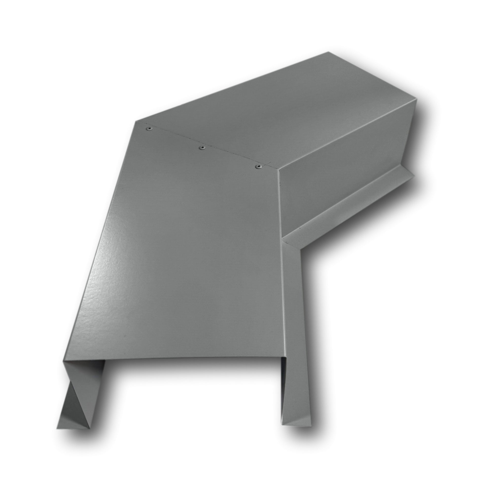 A PermaCover Metal HVAC Line Set Cover 45° Side Turning Elbow that is made to attach to exterior walls to cover existing HVAC line sets. The elbow is made from 26 Gauge Painted Steel and is Charcoal Gray in color.