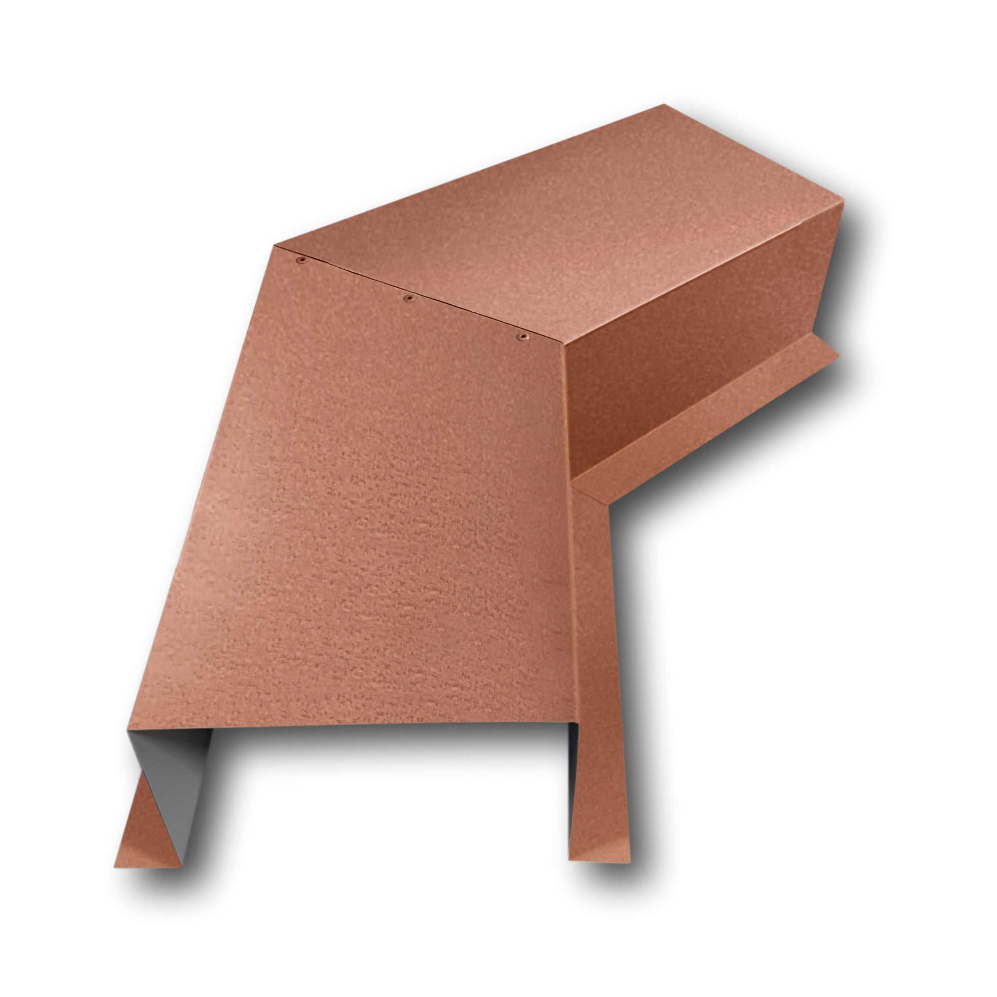 A PermaCover Metal HVAC Line Set Cover 45° Side Turning Elbow that is made to attach to exterior walls to cover existing HVAC line sets. The elbow is made from 24 Gauge Painted Steel and is Copper Penny in color.