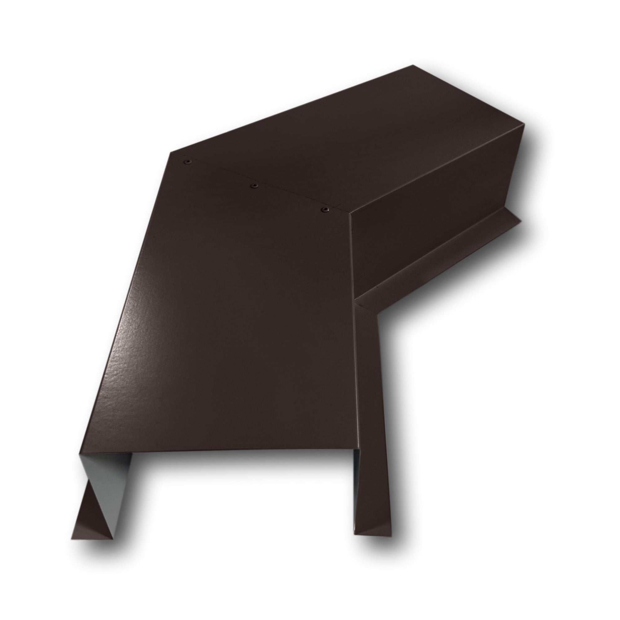A PermaCover Metal HVAC Line Set Cover 45° Side Turning Elbow that is made to attach to exterior walls to cover existing HVAC line sets. The elbow is made from 24 Gauge Painted Steel and is Extra Dark Bronze in color.