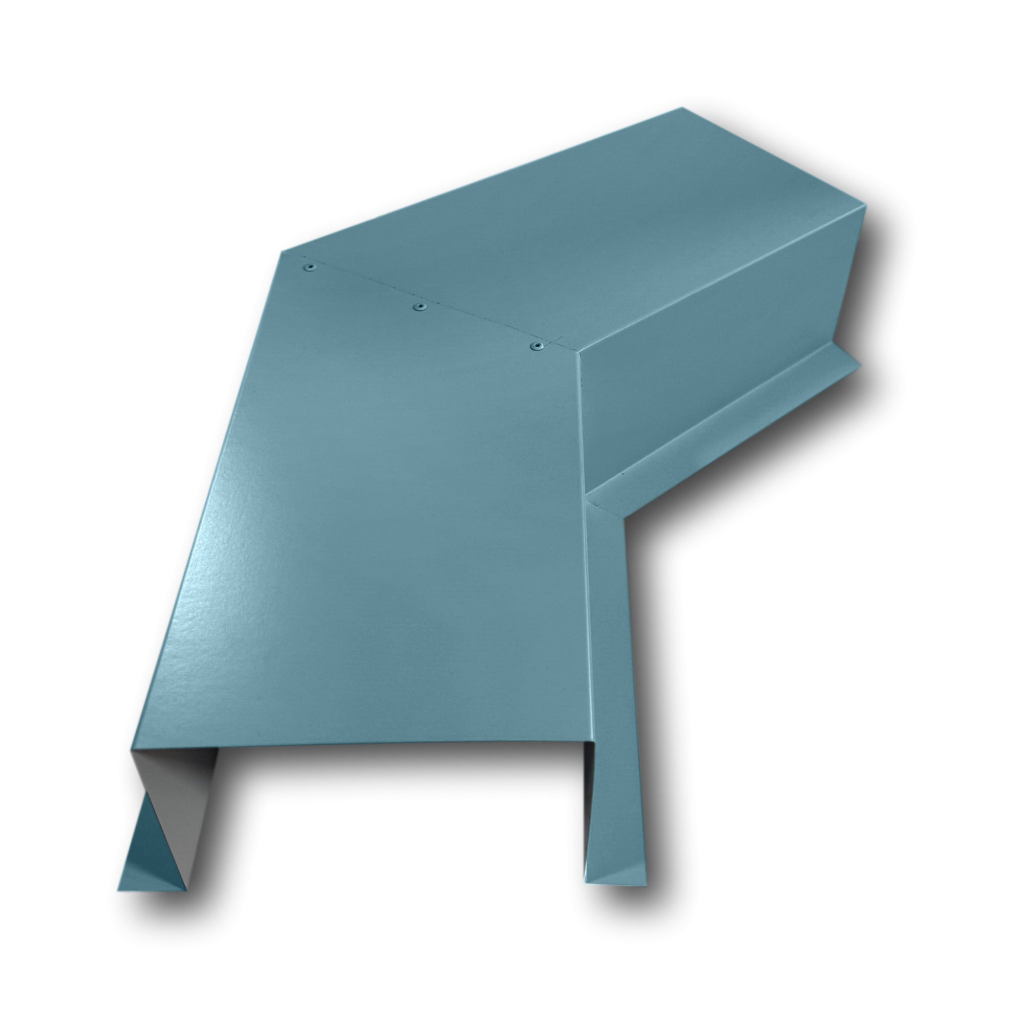 A PermaCover Metal HVAC Line Set Cover 45° Side Turning Elbow that is made to attach to exterior walls to cover existing HVAC line sets. The elbow is made from 26 Gauge Painted Steel and is Hawaiian Blue in color.