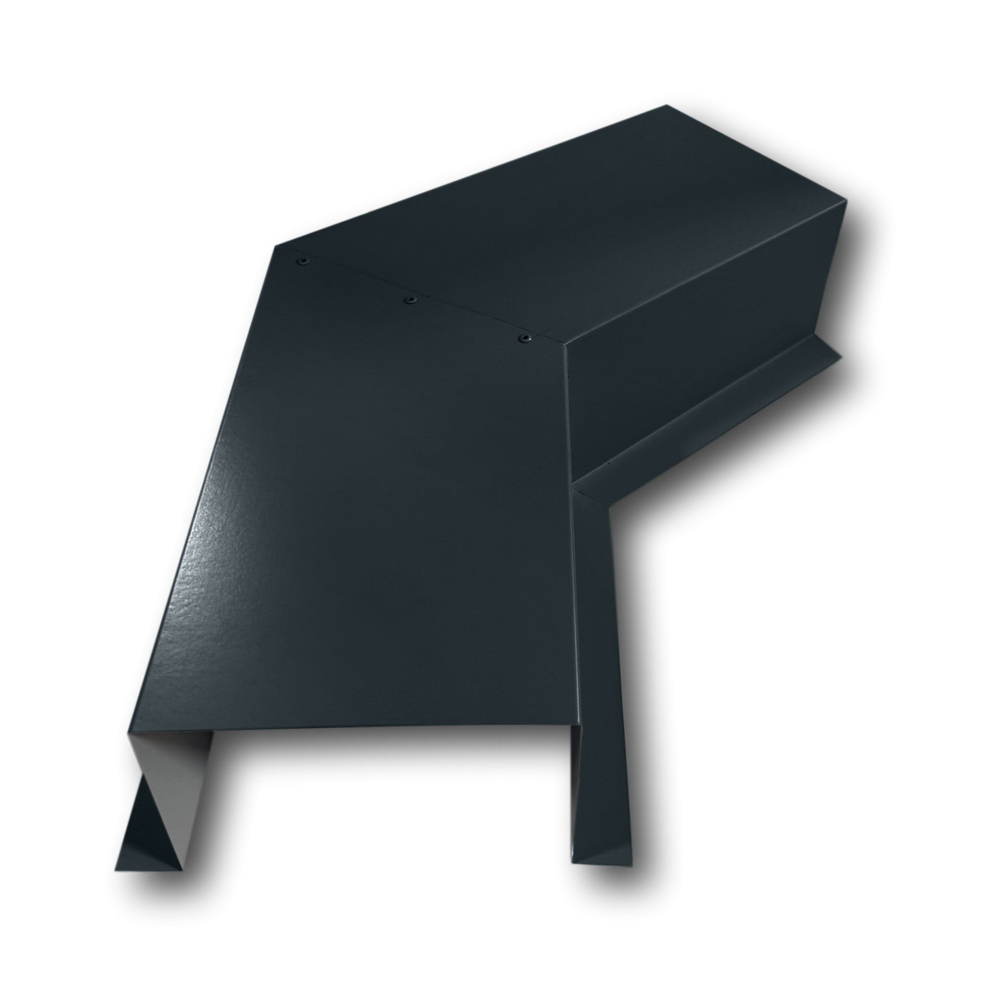 A PermaCover Metal HVAC Line Set Cover 45° Side Turning Elbow that is made to attach to exterior walls to cover existing HVAC line sets. The elbow is made from 24 Gauge Painted Steel and is Matte Black in color.