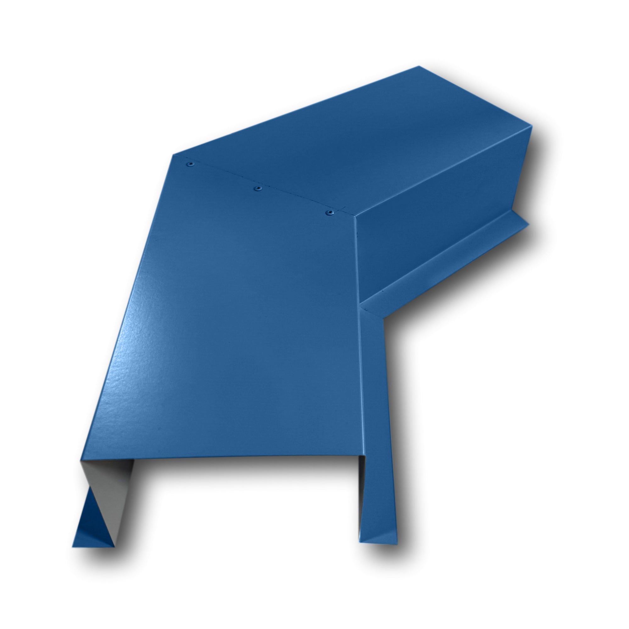 A PermaCover Metal HVAC Line Set Cover 45° Side Turning Elbow that is made to attach to exterior walls to cover existing HVAC line sets. The elbow is made from 26 Gauge Painted Steel and is Regal Blue in color.