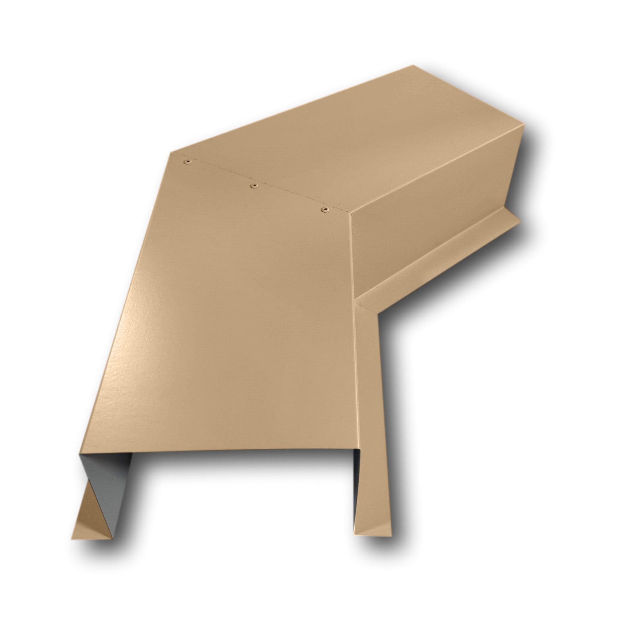 A PermaCover Metal HVAC Line Set Cover 45° Side Turning Elbow that is made to attach to exterior walls to cover existing HVAC line sets. The elbow is made from 26 Gauge Painted Steel and is Sahara Tan in color.