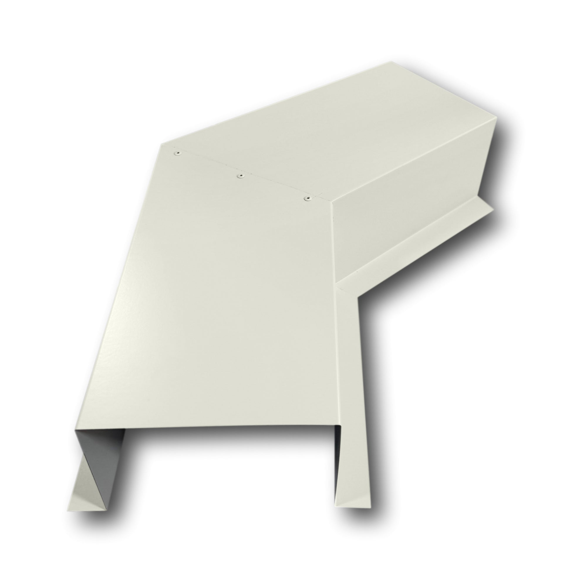 A PermaCover Metal HVAC Line Set Cover 45° Side Turning Elbow that is made to attach to exterior walls to cover existing HVAC line sets. The elbow is made from 24 Gauge Painted Steel and is Sandstone in color.