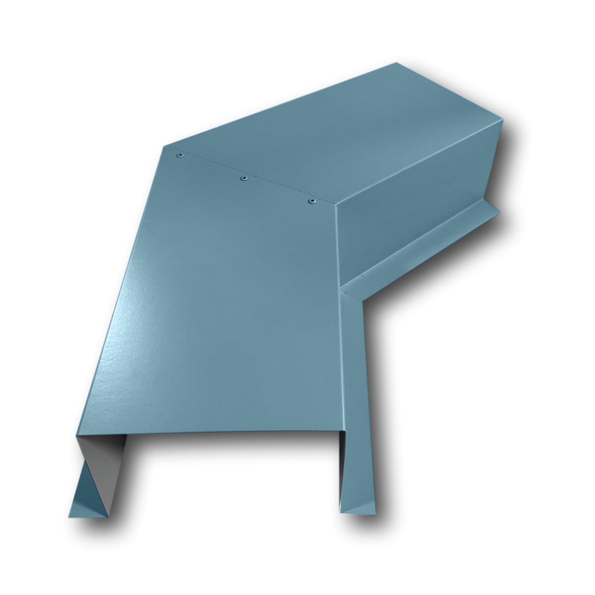 A PermaCover Metal HVAC Line Set Cover 45° Side Turning Elbow that is made to attach to exterior walls to cover existing HVAC line sets. The elbow is made from 24 Gauge Painted Steel and is Slate Blue in color.