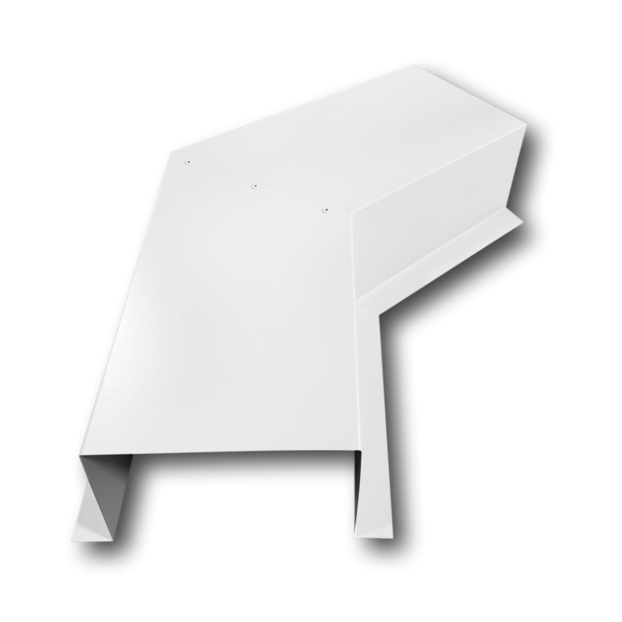 A PermaCover Metal HVAC Line Set Cover 45° Side Turning Elbow that is made to attach to exterior walls to cover existing HVAC line sets. The elbow is made from 24 Gauge Painted Steel and is Stone White in color.