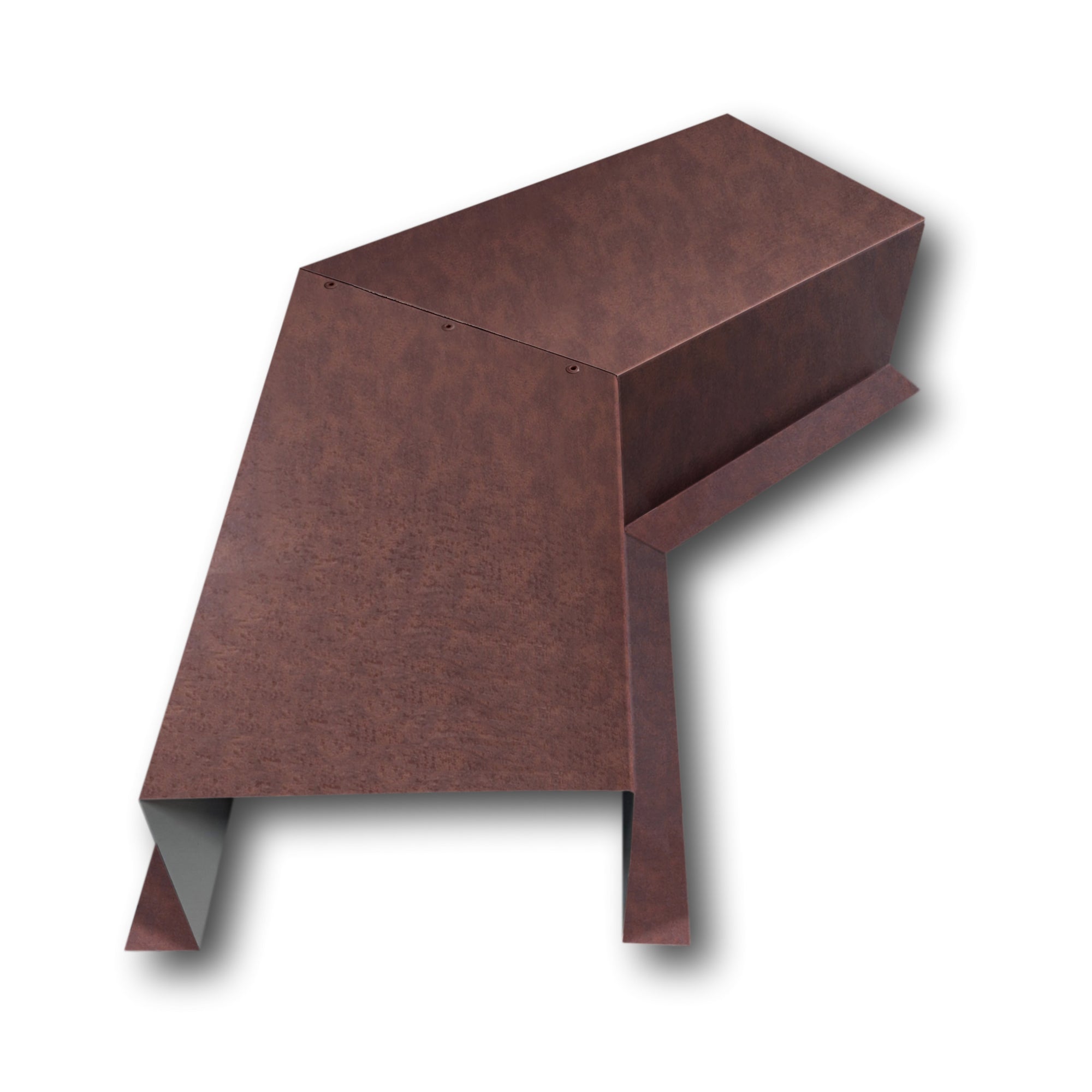 A PermaCover Metal HVAC Line Set Cover 45° Side Turning Elbow that is made to attach to exterior walls to cover existing HVAC line sets. The elbow is made from 24 Gauge Painted Steel and is Western Rust in color.