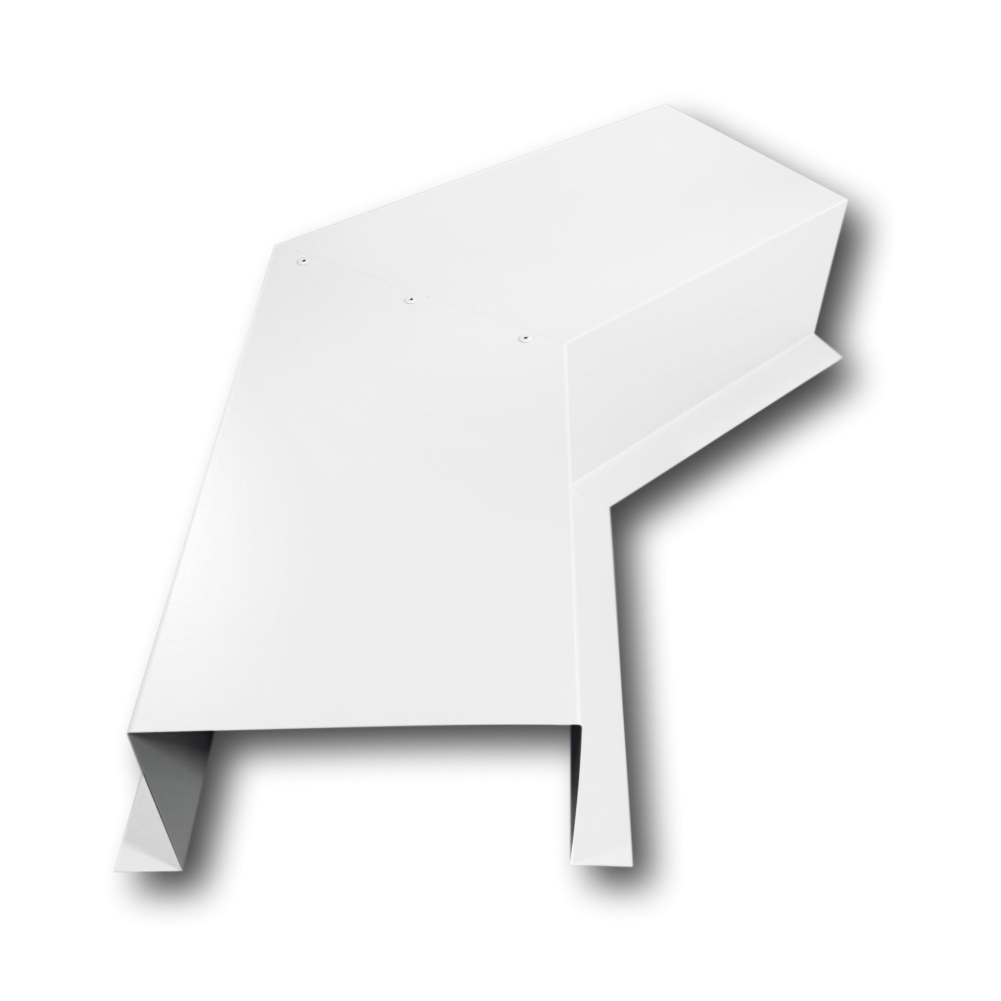 A PermaCover Metal HVAC Line Set Cover 45° Side Turning Elbow that is made to attach to exterior walls to cover existing HVAC line sets. The elbow is made from 26 Gauge Painted Steel and is White in color.