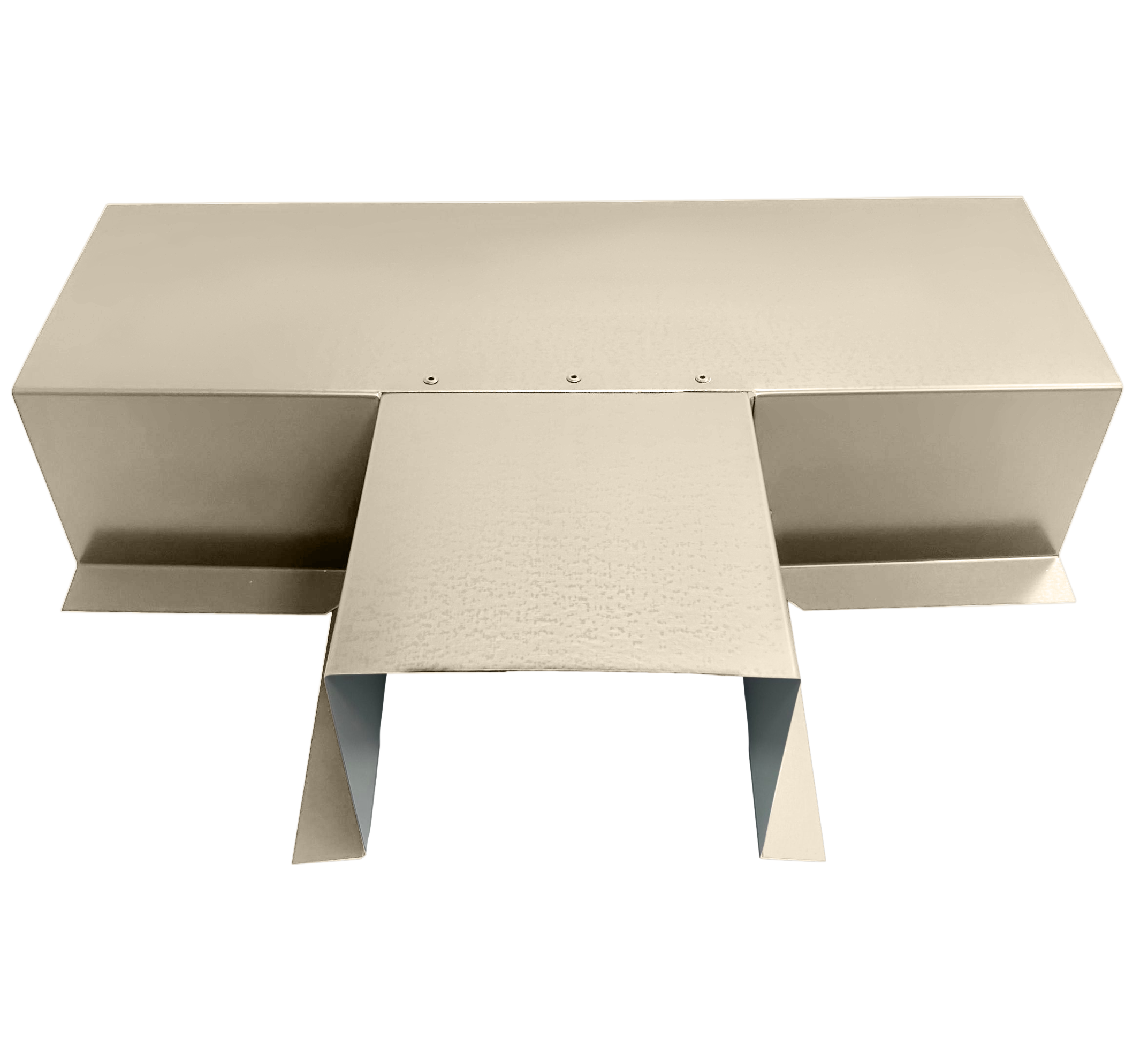 A PermaCover Metal HVAC Line Set Cover T-Joint Connector that is made to attach to exterior walls to cover existing HVAC line sets. The elbow cover is Almond in color.