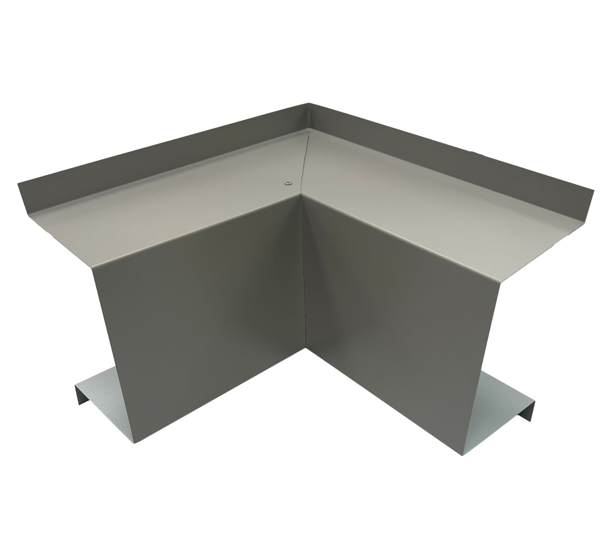 A PermaCover Metal HVAC Line Set Cover Inside Corner Elbow that is made to attach to exterior walls to cover existing HVAC line sets. The elbow cover made from 26 Gauge Painted Steel and is Ash Gray in color.