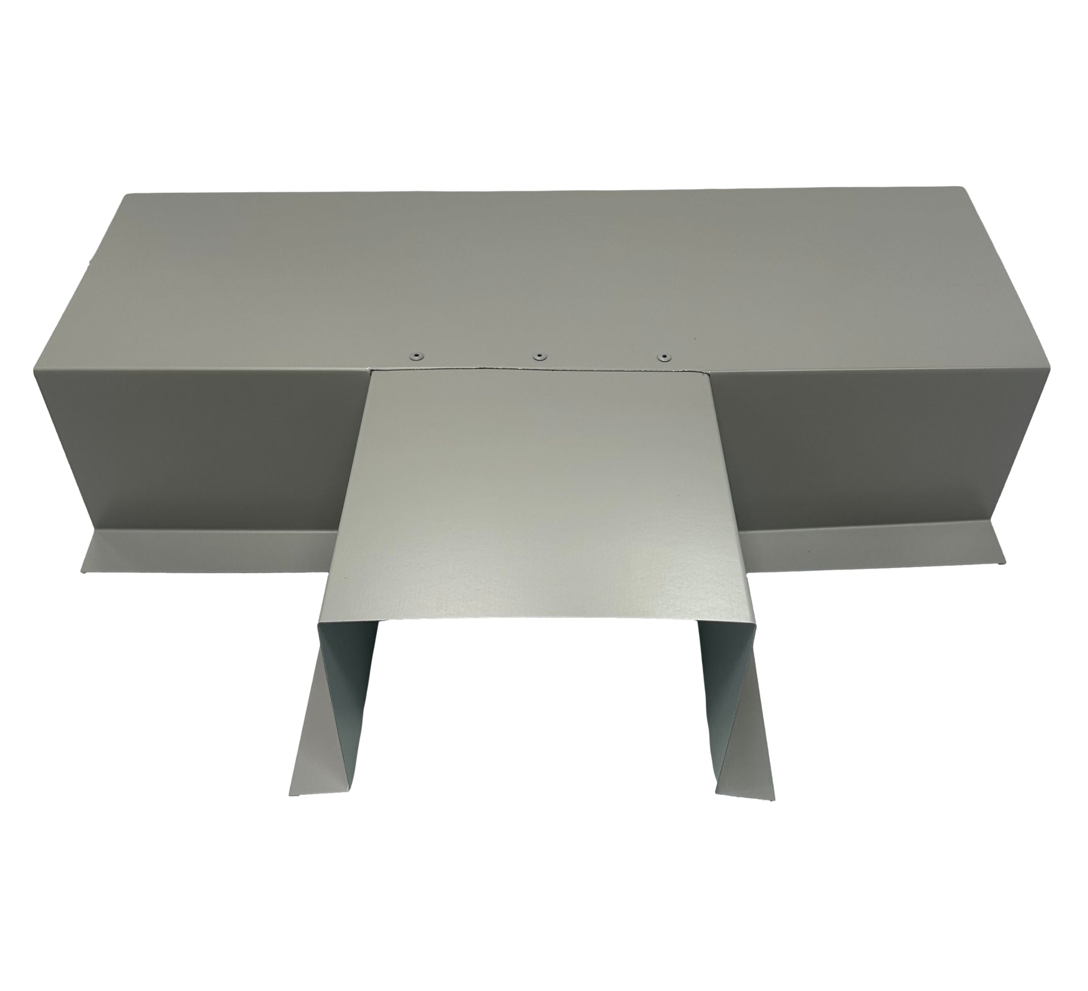 A PermaCover Metal HVAC Line Set Cover T-Joint Connector that is made to attach to exterior walls to cover existing HVAC line sets. The elbow cover is made from 6 Gauge Painted Steel and is Ash Gray in color.