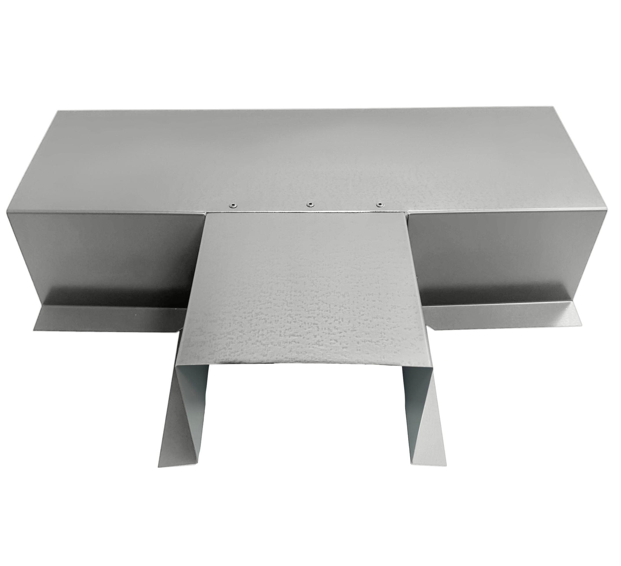 A PermaCover Metal HVAC Line Set Cover T-Joint Connector that is made to attach to exterior walls to cover existing HVAC line sets. The elbow cover is Ash Gray in color.