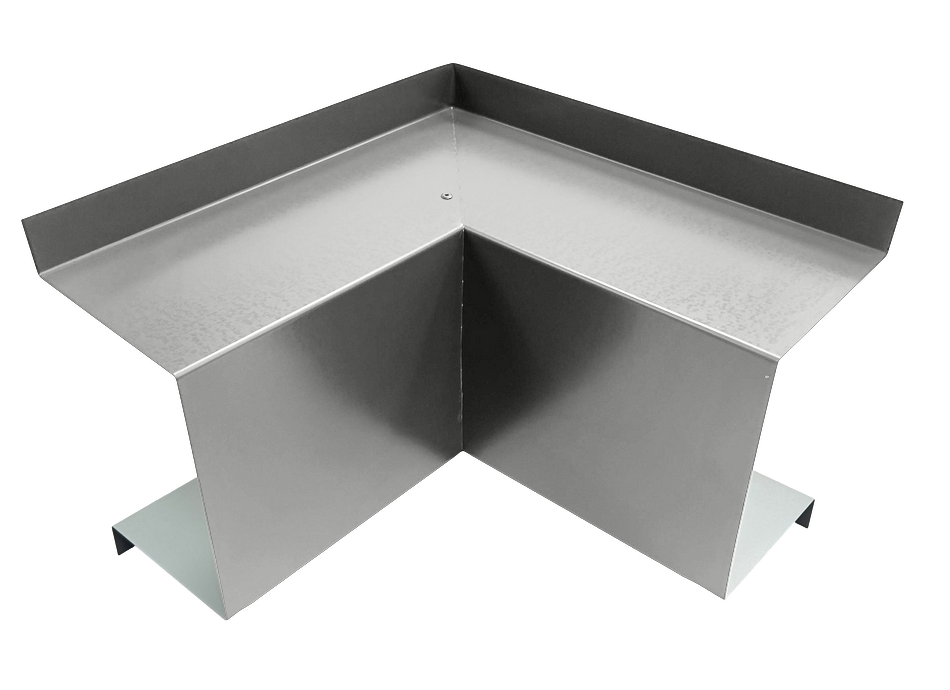 A PermaCover Metal HVAC Line Set Cover Inside Corner Elbow that is made to attach to exterior walls to cover existing HVAC line sets. The elbow cover is Ash Gray in color.