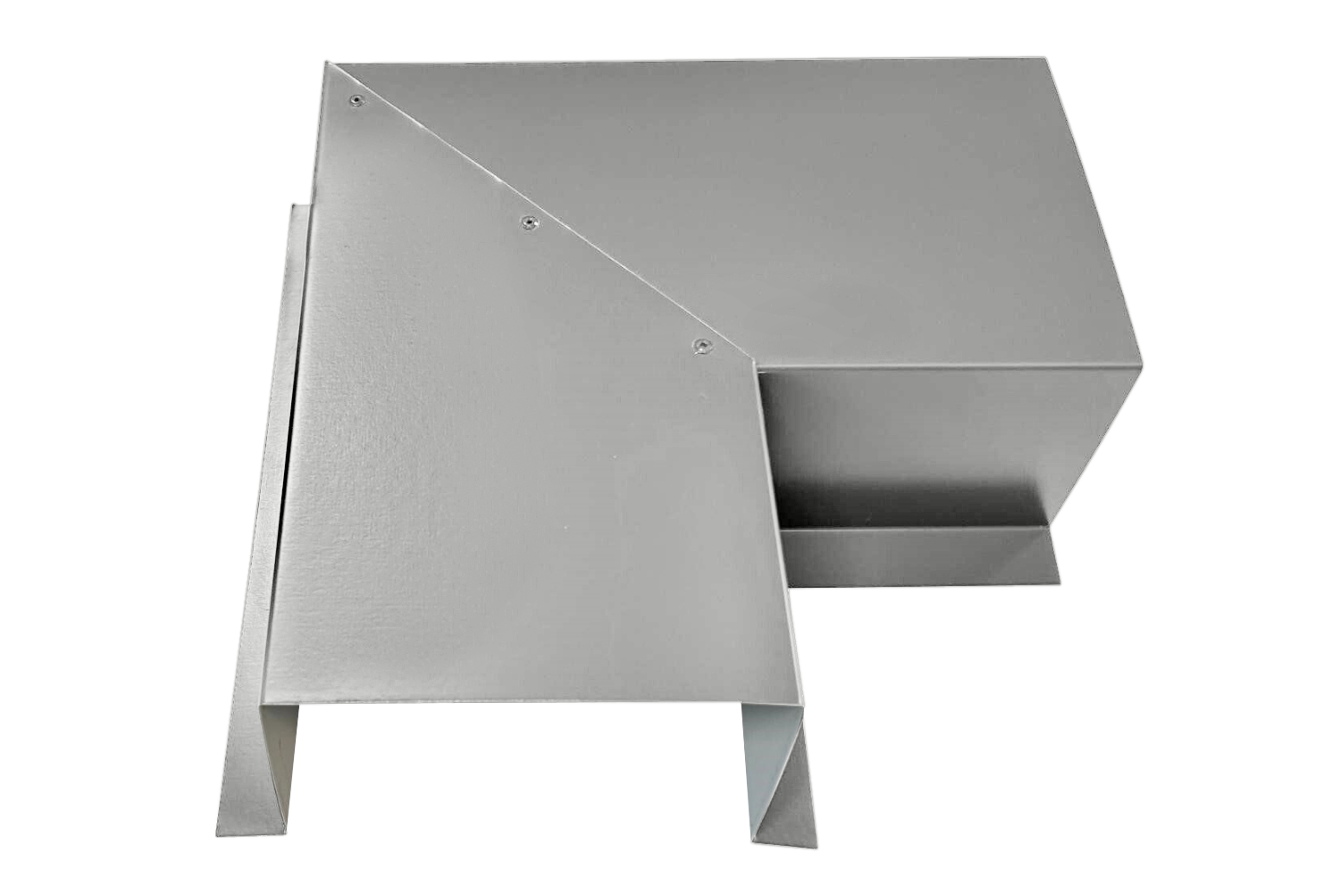 A PermaCover Metal HVAC Line Set Cover 90° Side Turning Elbow that is made to attach to exterior walls to cover existing HVAC line sets. The elbow cover is Ash Gray in color.
