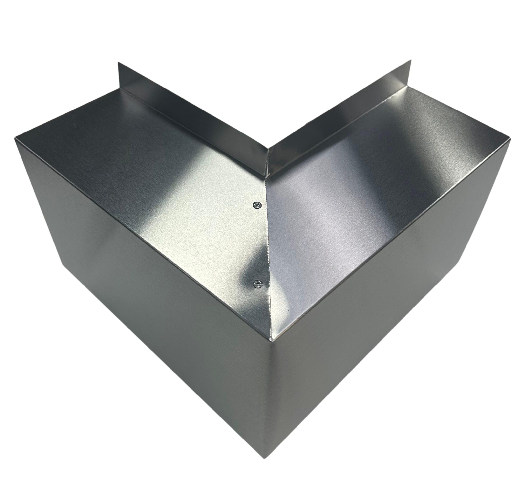 A PermaCover Metal HVAC Line Set Cover Outside Corner Elbow that is made to attach to exterior walls to cover existing HVAC line sets. The elbow cover is made from 22 Gauge Bare Aluminum.