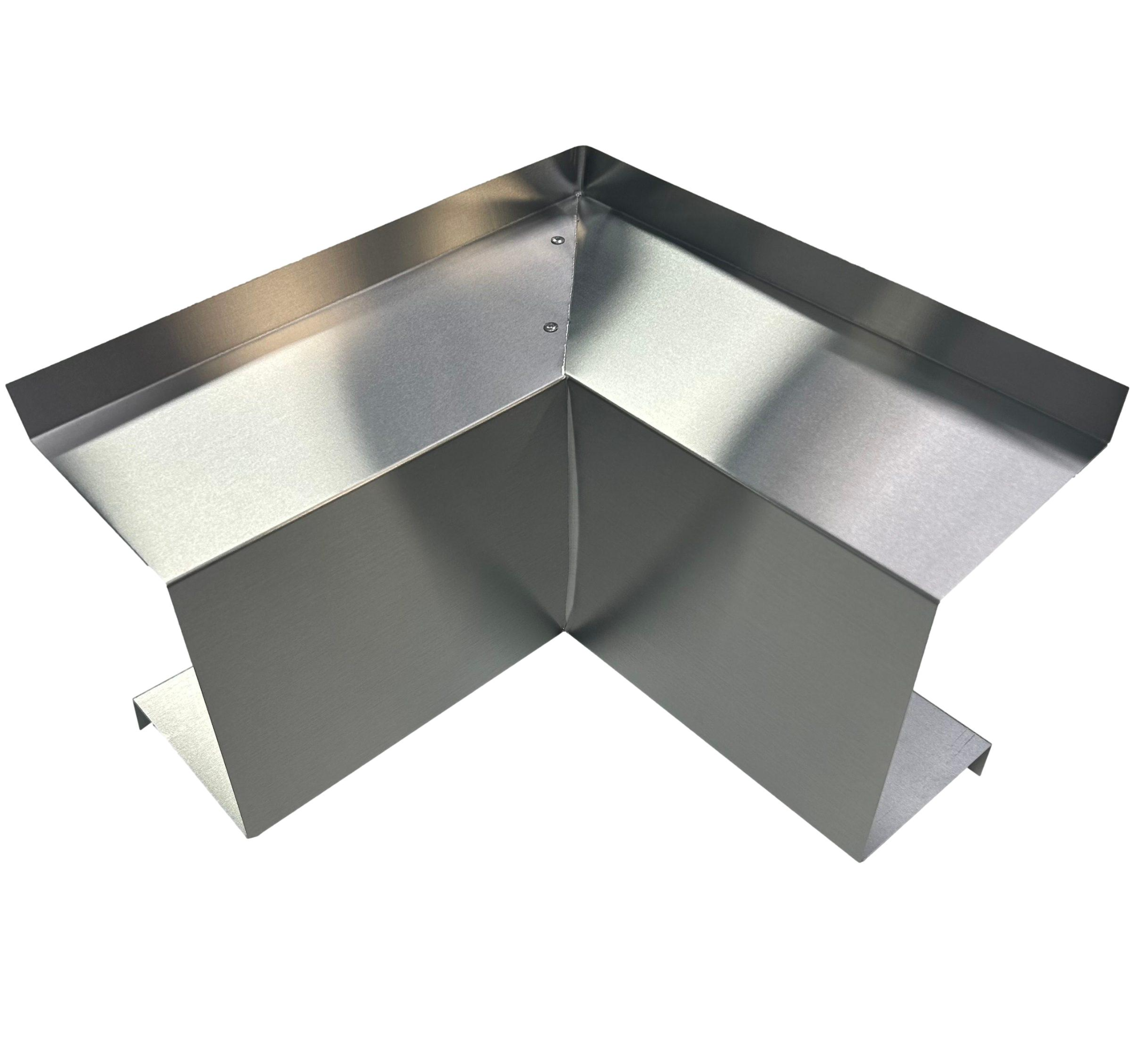 A PermaCover Metal HVAC Line Set Cover Inside Corner Elbow that is made to attach to exterior walls to cover existing HVAC line sets. The elbow cover made from 26 Gauge Bare Aluminum.