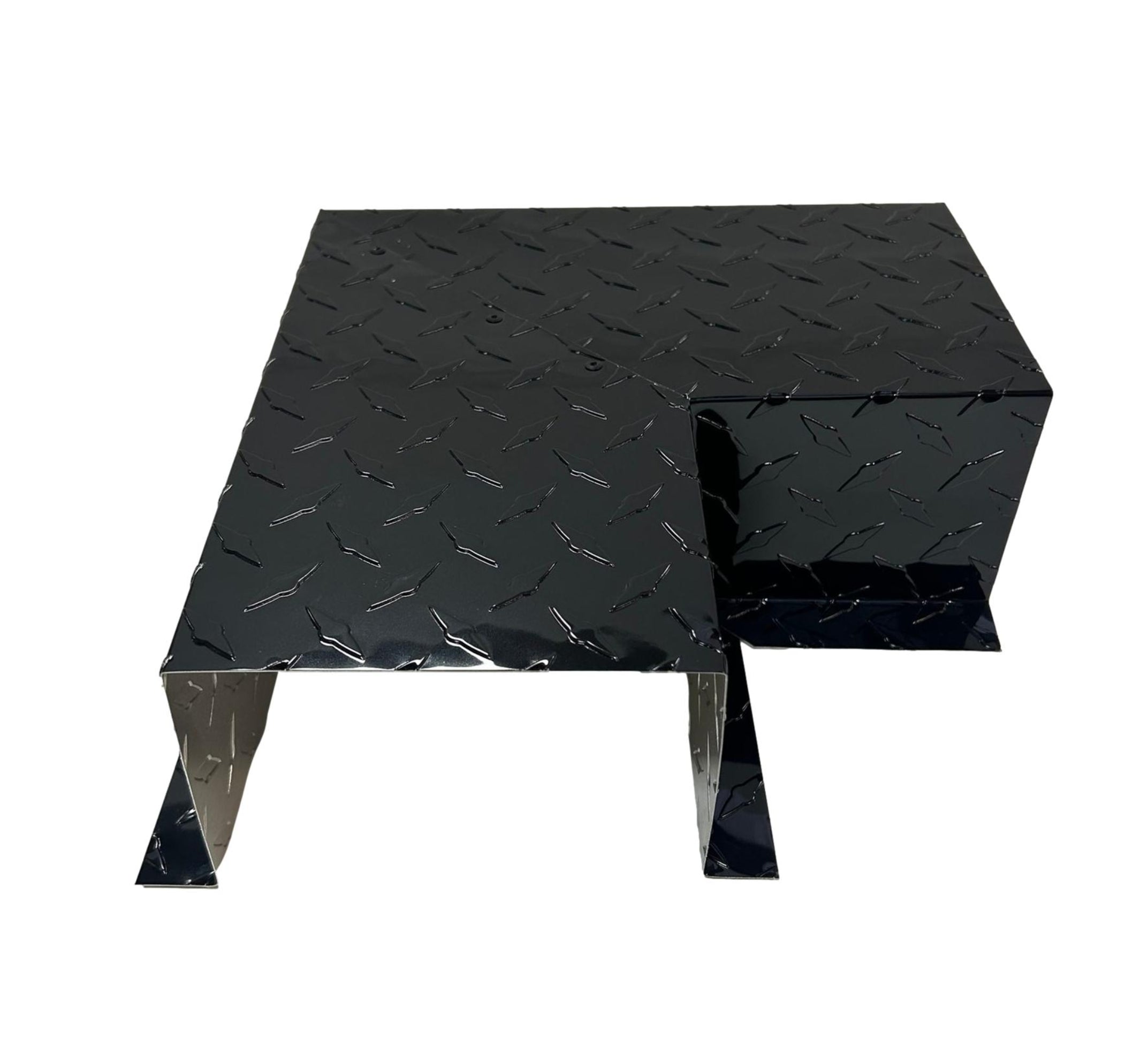 A PermaCover Metal HVAC Line Set Cover 90° Side Turning Elbow that is made to attach to exterior walls to cover existing HVAC line sets. The elbow is made from 0.025 inch Aluminum Diamond Plate in the color Black.