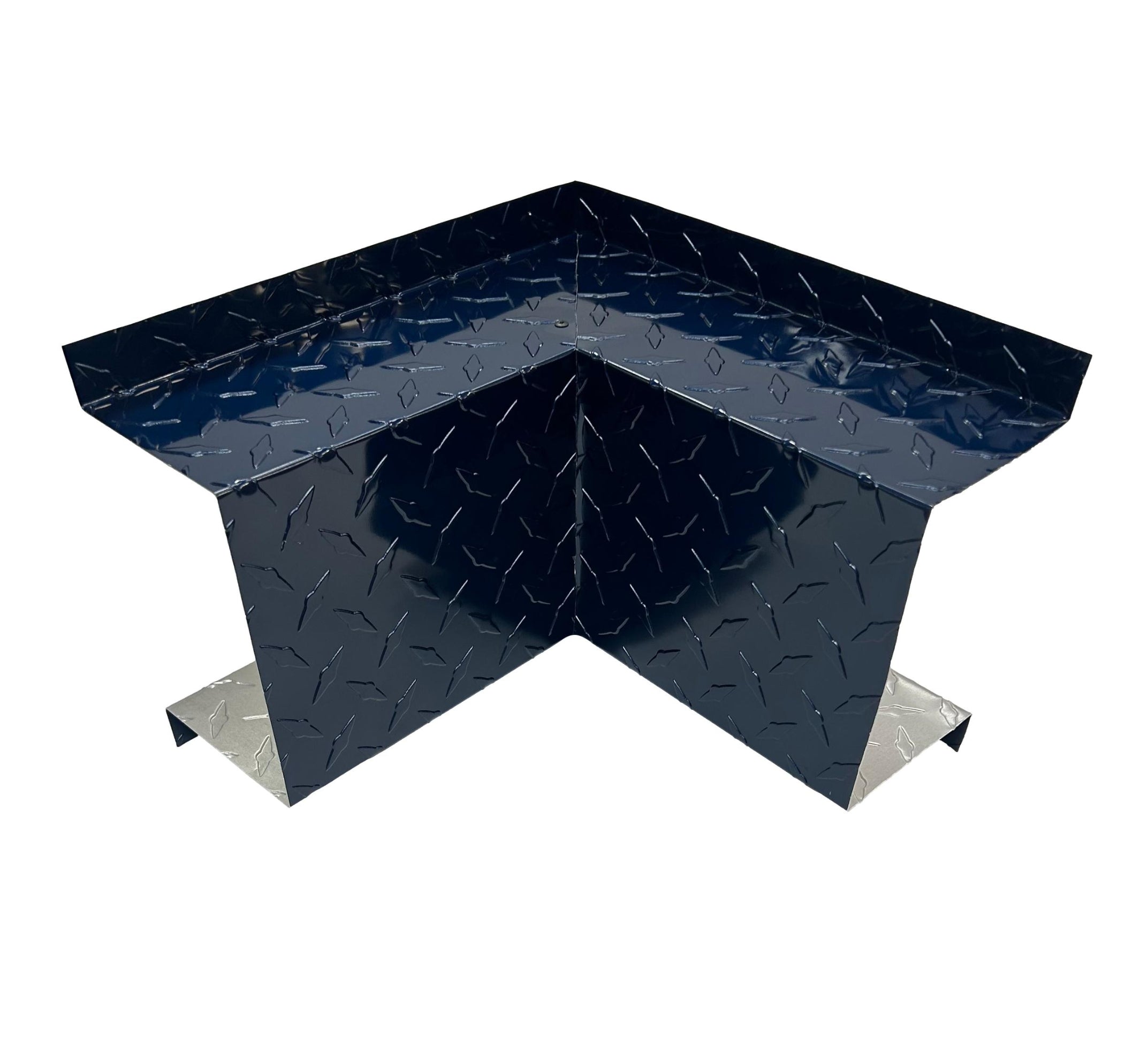 A PermaCover Metal HVAC Line Set Cover Inside Corner Elbow that is made to attach to exterior walls to cover existing HVAC line sets. The elbow cover made from 0.025 inch Aluminum Diamond Tread Plate in color Indigo Blue.