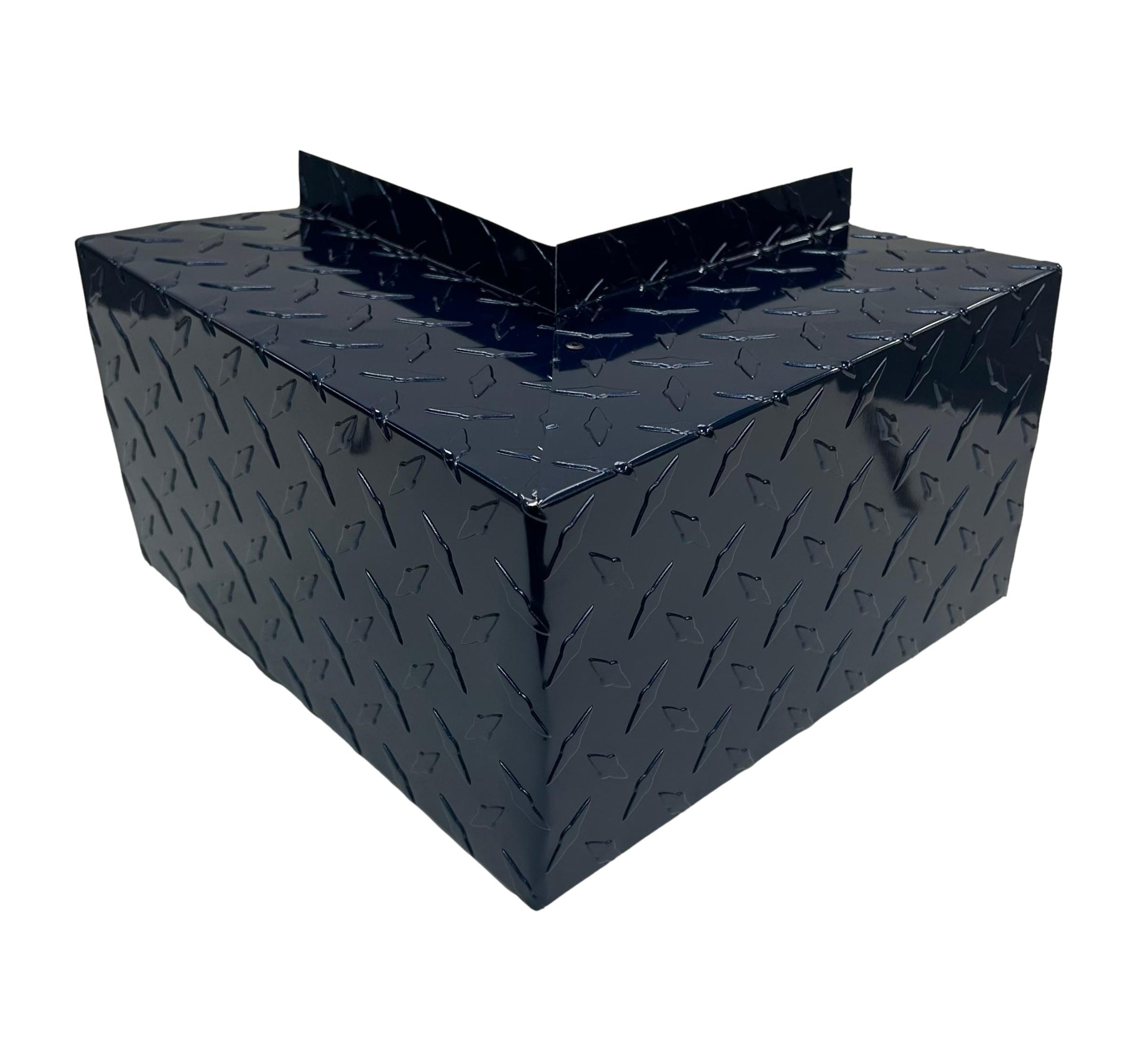 A PermaCover Metal HVAC Line Set Cover Outside Corner Elbow that is made to attach to exterior walls to cover existing HVAC line sets. The elbow cover made from 0.025 inch Aluminum Diamond Tread Plate in the color Indigo Blue.