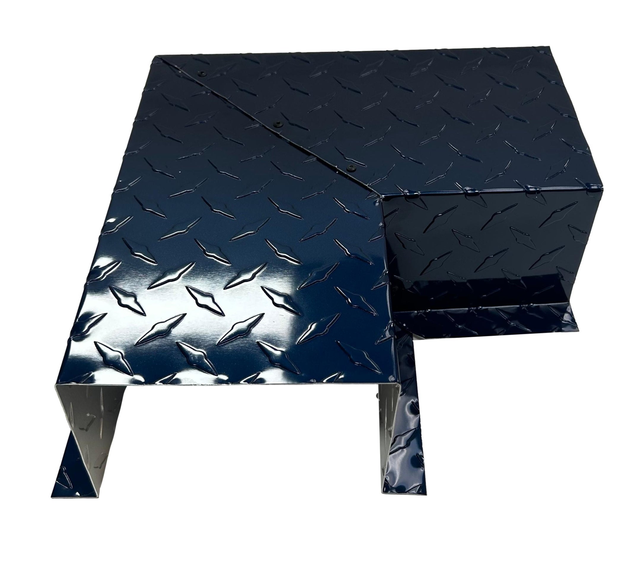 A PermaCover Metal HVAC Line Set Cover 90° Side Turning Elbow that is made to attach to exterior walls to cover existing HVAC line sets. The elbow is made from 0.025 inch Aluminum Diamond Plate in the color Indigo Blue.