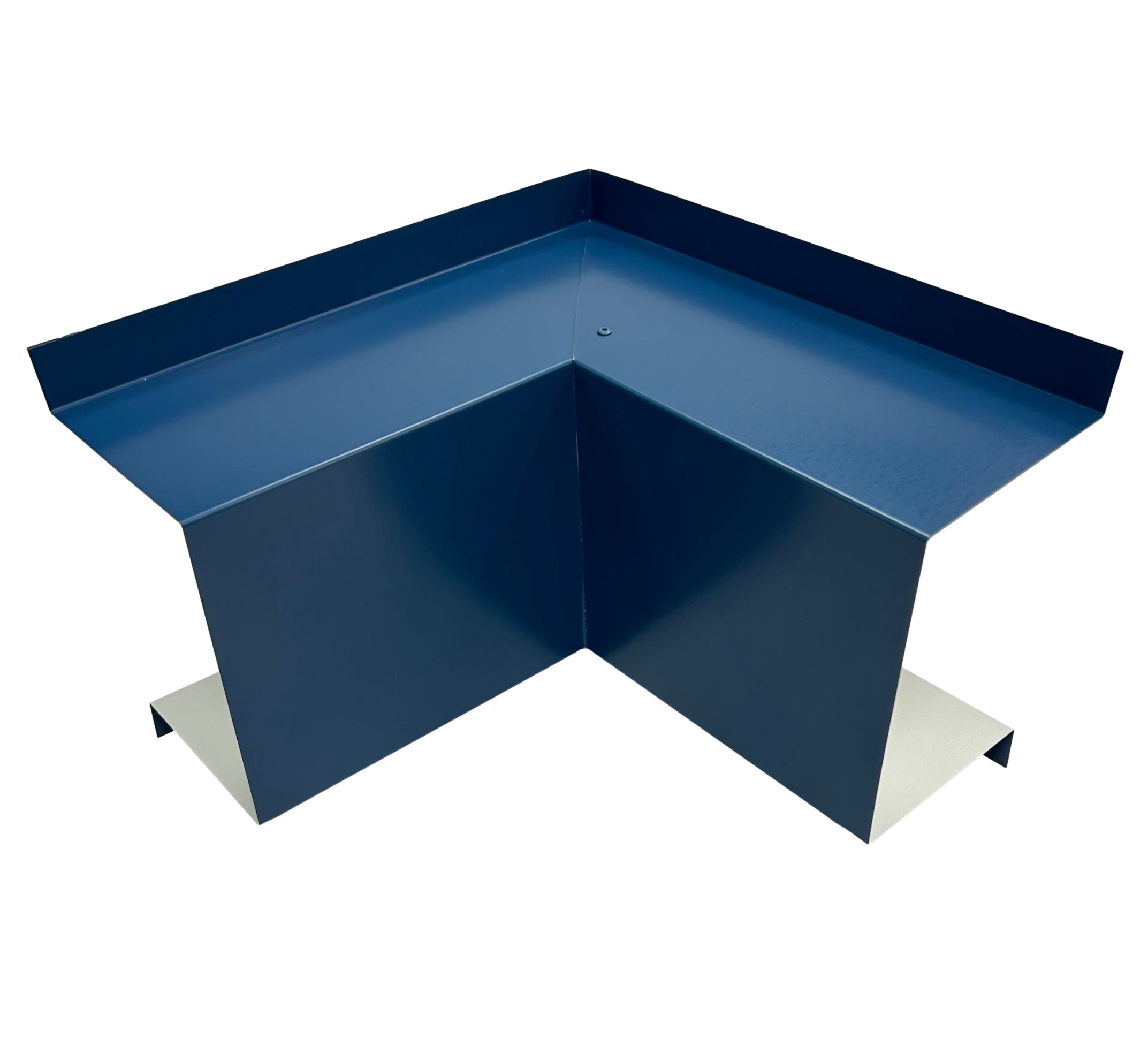 A PermaCover Metal HVAC Line Set Cover Inside Corner Elbow that is made to attach to exterior walls to cover existing HVAC line sets. The elbow cover made from 26 Gauge Painted Steel and is Regal Blue in color.