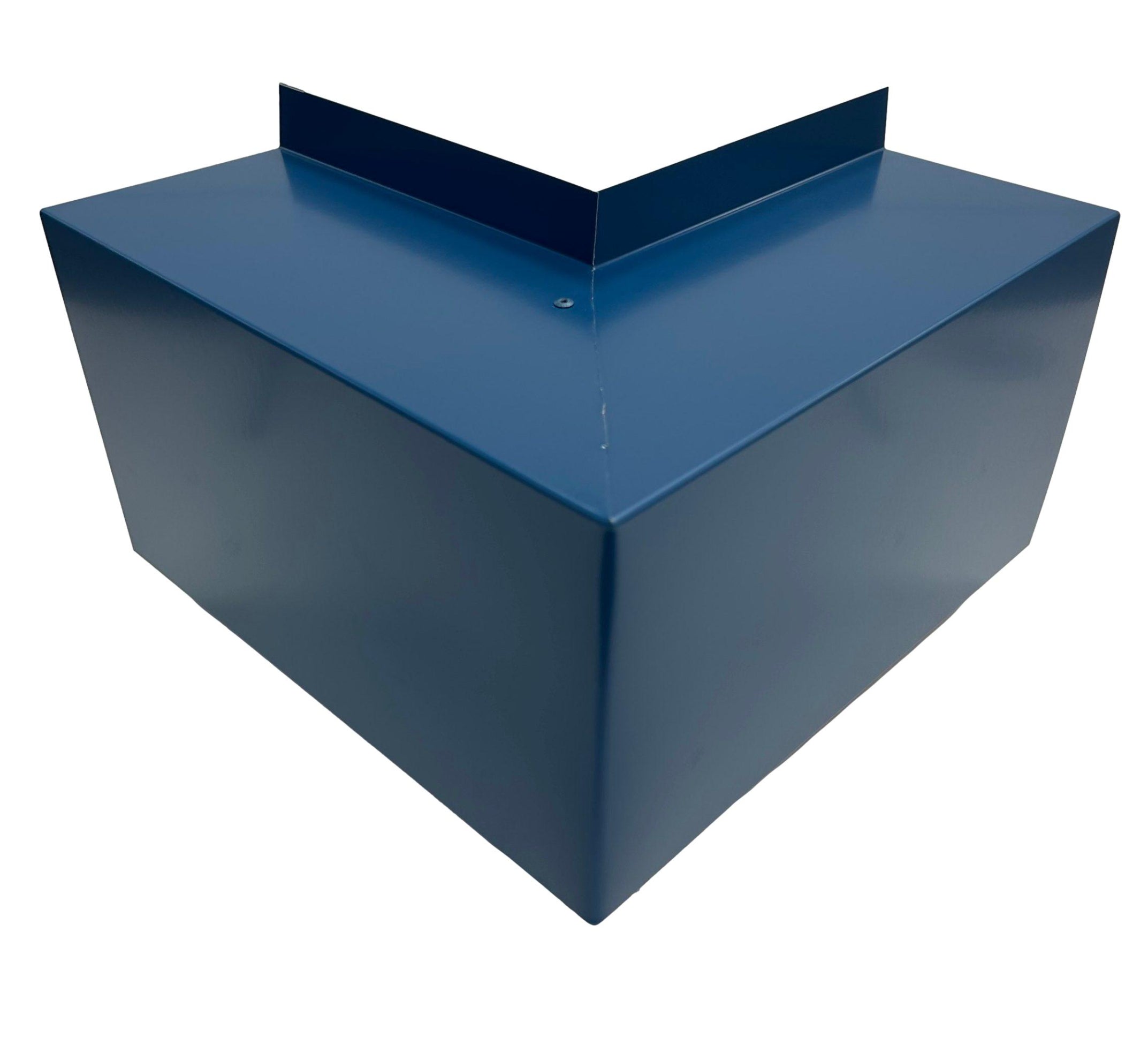 A PermaCover Metal HVAC Line Set Cover Outside Corner Elbow that is made to attach to exterior walls to cover existing HVAC line sets. The elbow cover made from 26 Gauge Painted Steel in the color Regal Blue.