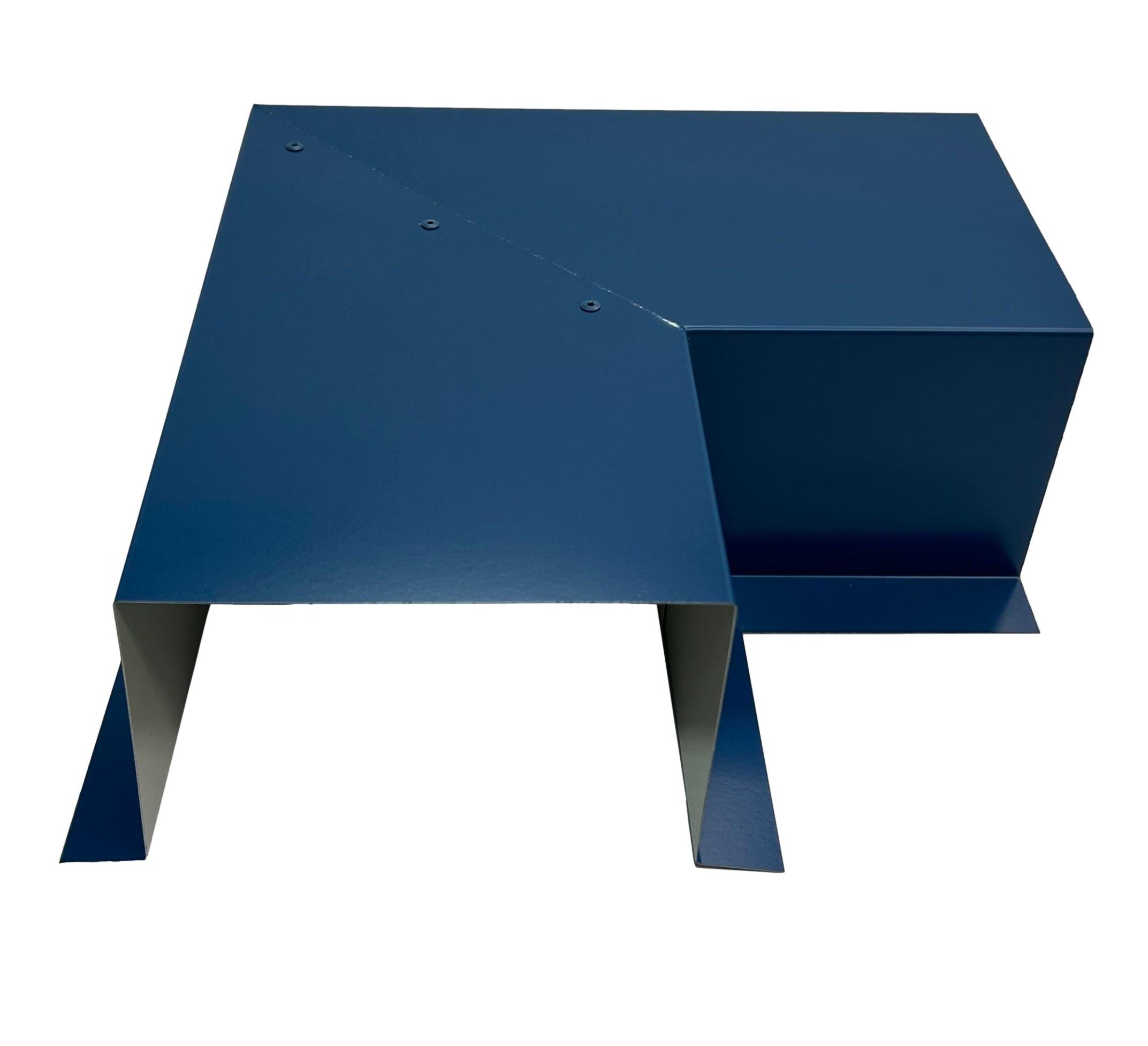 A PermaCover Metal HVAC Line Set Cover 90° Side Turning Elbow that is made to attach to exterior walls to cover existing HVAC line sets. The elbow is made from 26 Gauge Painted Steel in the color Regal Blue.