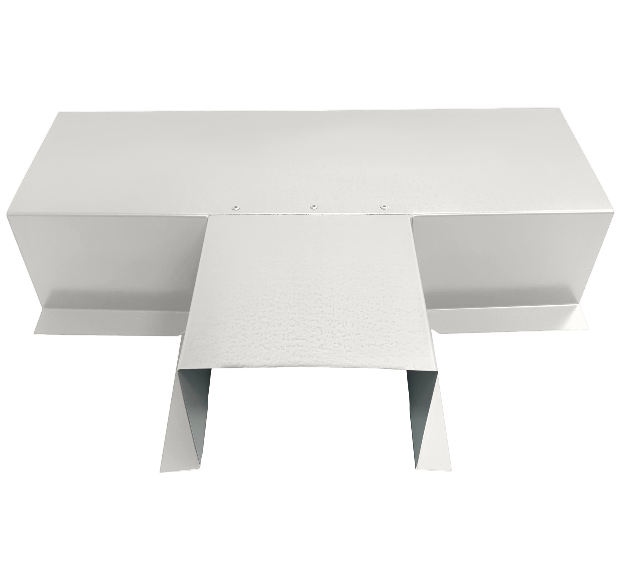 A PermaCover Metal HVAC Line Set Cover T-Joint Connector that is made to attach to exterior walls to cover existing HVAC line sets. The elbow cover is Bone White in color.