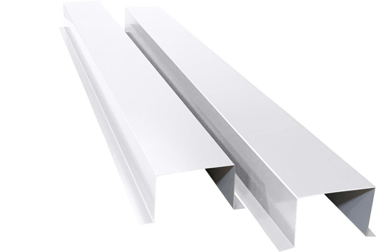 A PermaCover Metal HVAC Line Ste Cover Kit that consists of two 5 foot long sections. The covers telescope together and attach to exterior walls to cover existing HVAC line sets. The cover is Bright White in color.