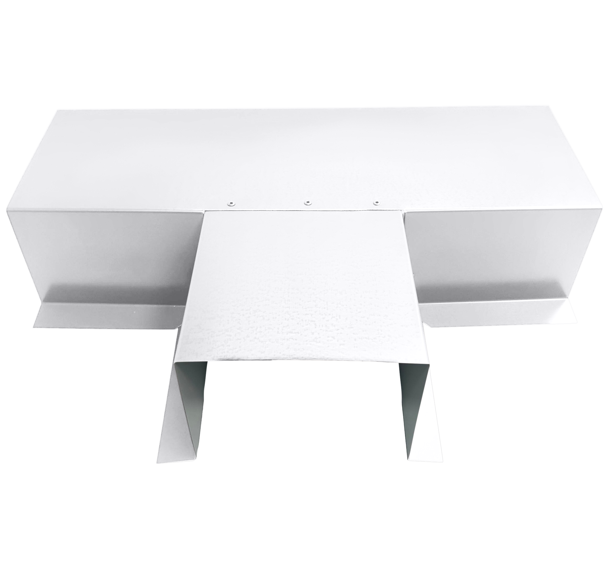 A PermaCover Metal HVAC Line Set Cover T-Joint Connector that is made to attach to exterior walls to cover existing HVAC line sets. The elbow cover is made from 22 Gauge White Aluminum.