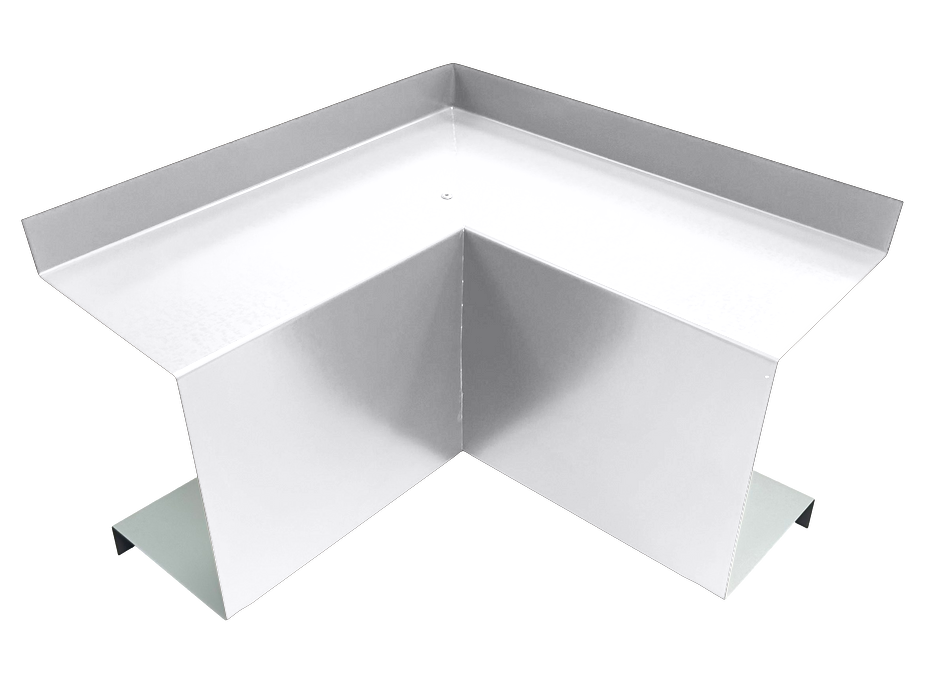 A PermaCover Metal HVAC Line Set Cover Inside Corner Elbow that is made to attach to exterior walls to cover existing HVAC line sets. The elbow cover is made from 22 Gauge White Aluminum.