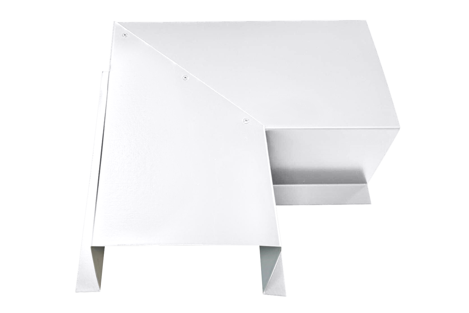 A PermaCover Metal HVAC Line Set Cover 90° Side Turning Elbow that is made to attach to exterior walls to cover existing HVAC line sets. The elbow cover is Bright White in color.