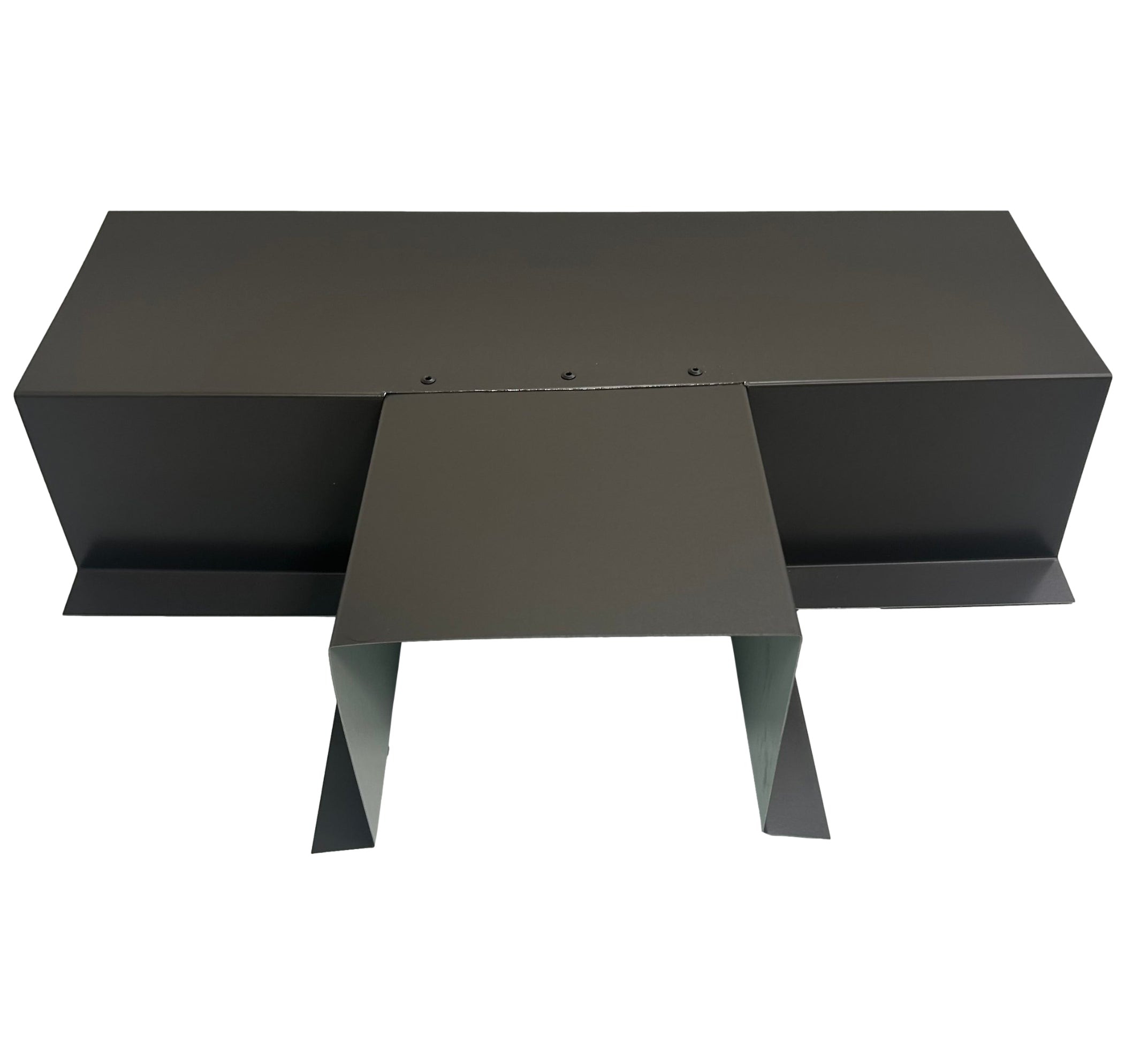 A PermaCover Metal HVAC Line Set Cover T-Joint Connector that is made to attach to exterior walls to cover existing HVAC line sets. The elbow cover is made from 6 Gauge Painted Steel and is Burnished Slate in color.