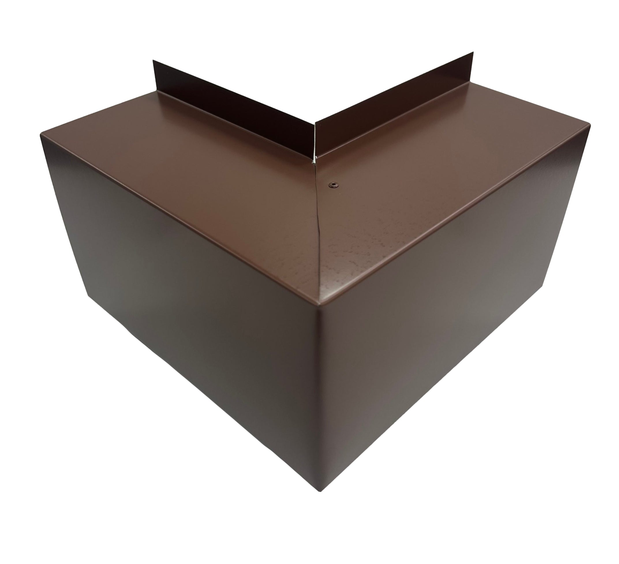 A PermaCover Metal HVAC Line Set Cover Outside Corner Elbow that is made to attach to exterior walls to cover existing HVAC line sets. The elbow cover made from 26 Gauge Painted Steel in the color Brown.