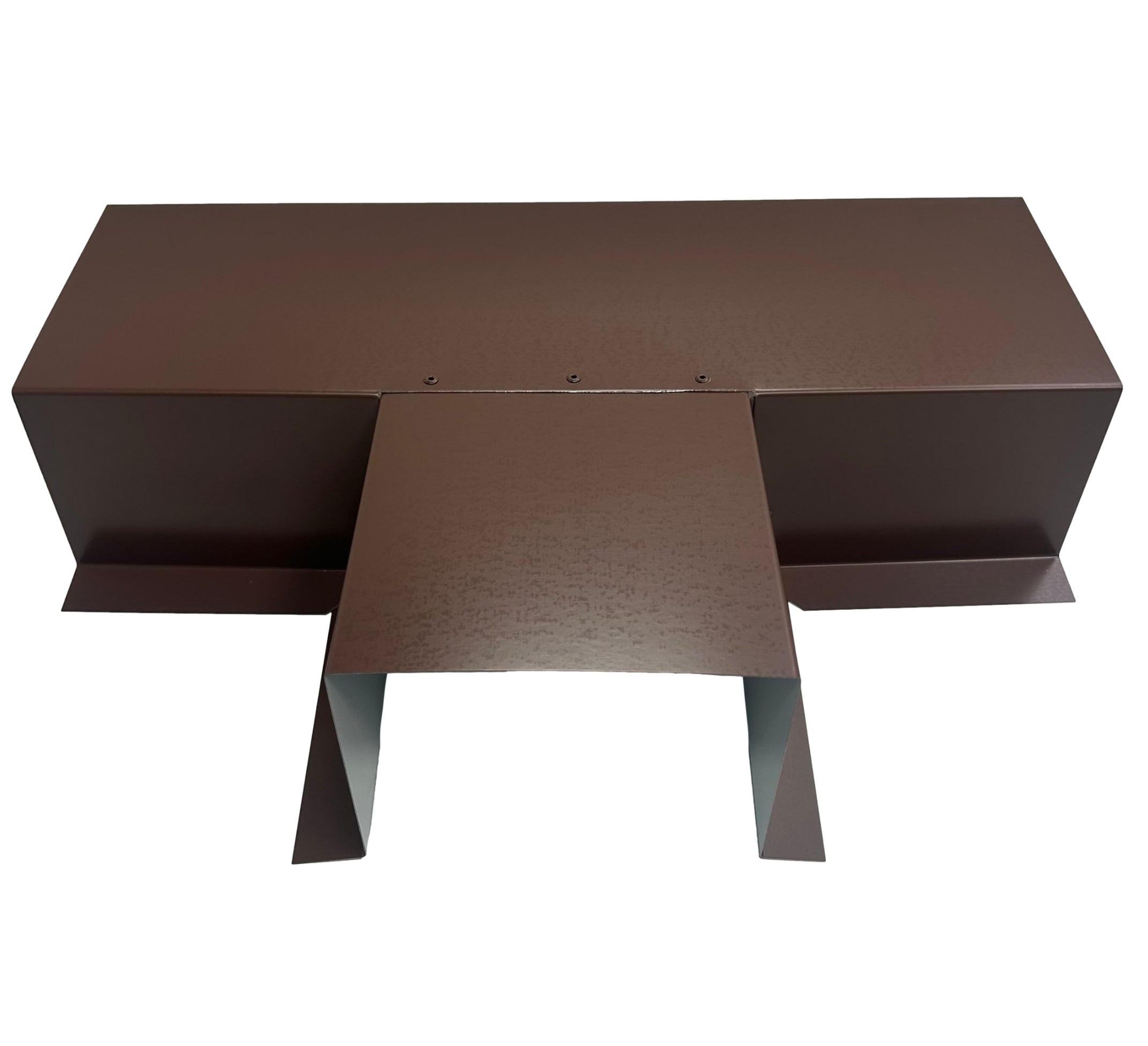 A PermaCover Metal HVAC Line Set Cover T-Joint Connector that is made to attach to exterior walls to cover existing HVAC line sets. The elbow cover is made from 6 Gauge Painted Steel and is Brown in color.