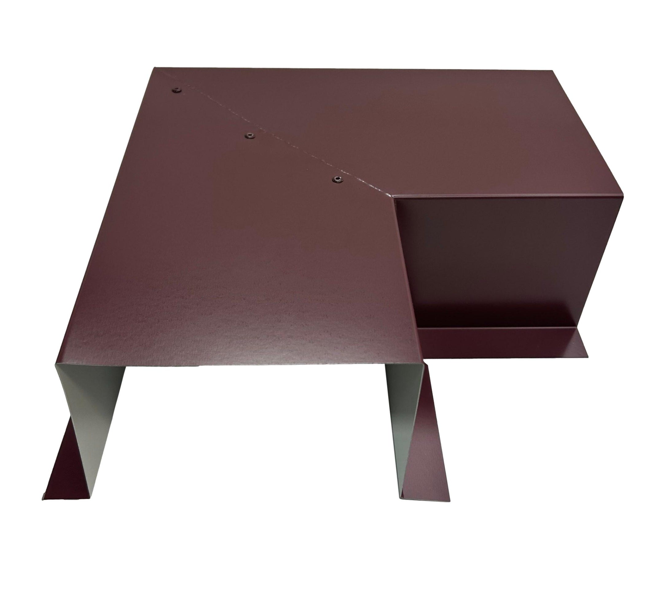 A PermaCover Metal HVAC Line Set Cover 90° Side Turning Elbow that is made to attach to exterior walls to cover existing HVAC line sets. The elbow is made from 26 Gauge Painted Steel in the color Burgundy.