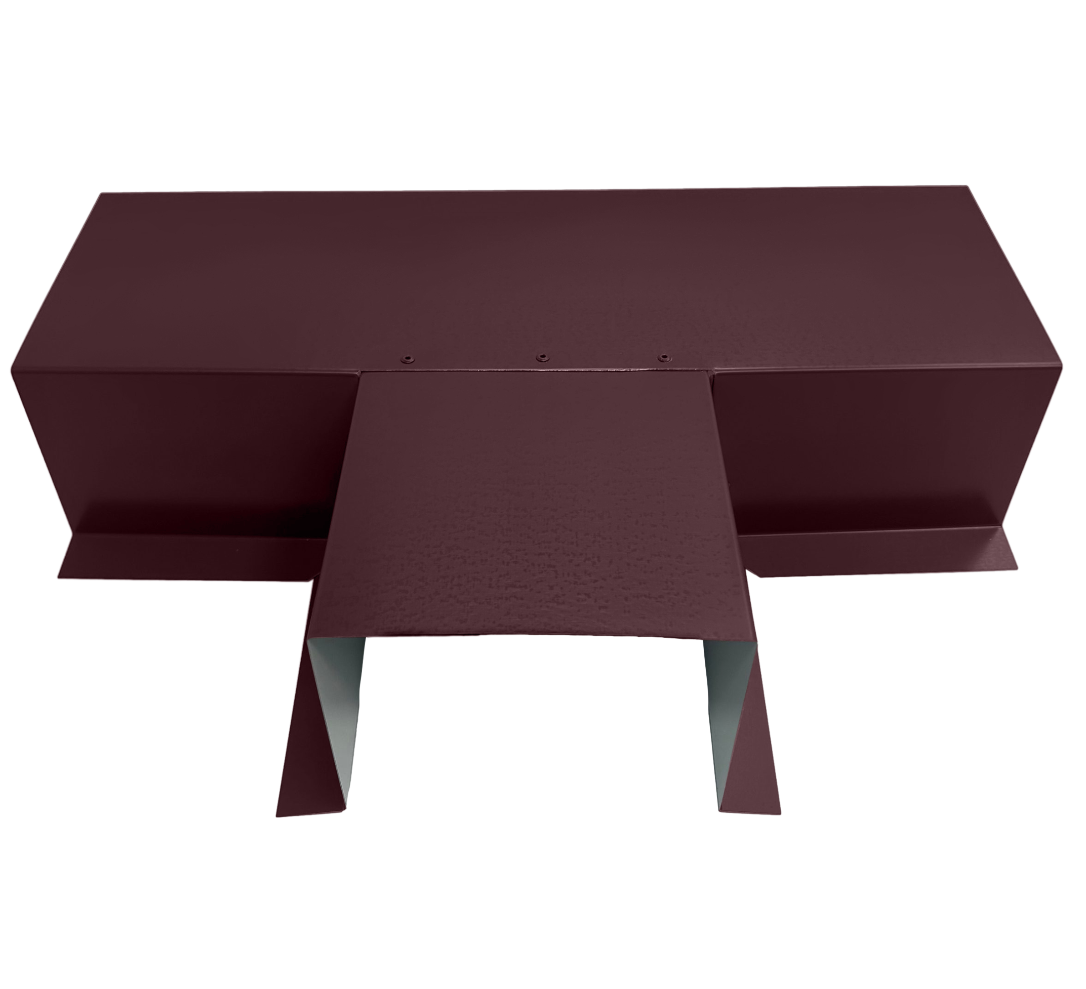 A PermaCover Metal HVAC Line Set Cover T-Joint Connector that is made to attach to exterior walls to cover existing HVAC line sets. The elbow cover is Burgundy in color.