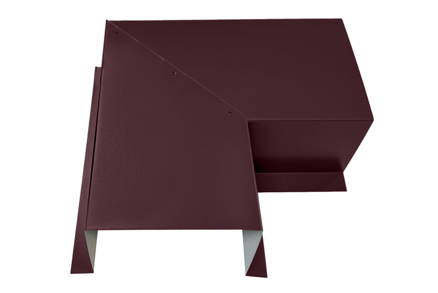 A PermaCover Metal HVAC Line Set Cover 90° Side Turning Elbow that is made to attach to exterior walls to cover existing HVAC line sets. The elbow cover is Burgundy in color.