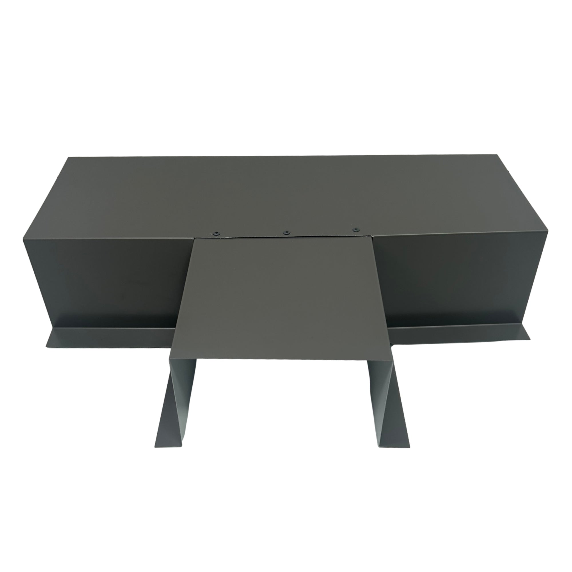 A PermaCover Metal HVAC Line Set Cover T-Joint Connector that is made to attach to exterior walls to cover existing HVAC line sets. The elbow cover is made from 6 Gauge Painted Steel and is Charcoal Gray in color.