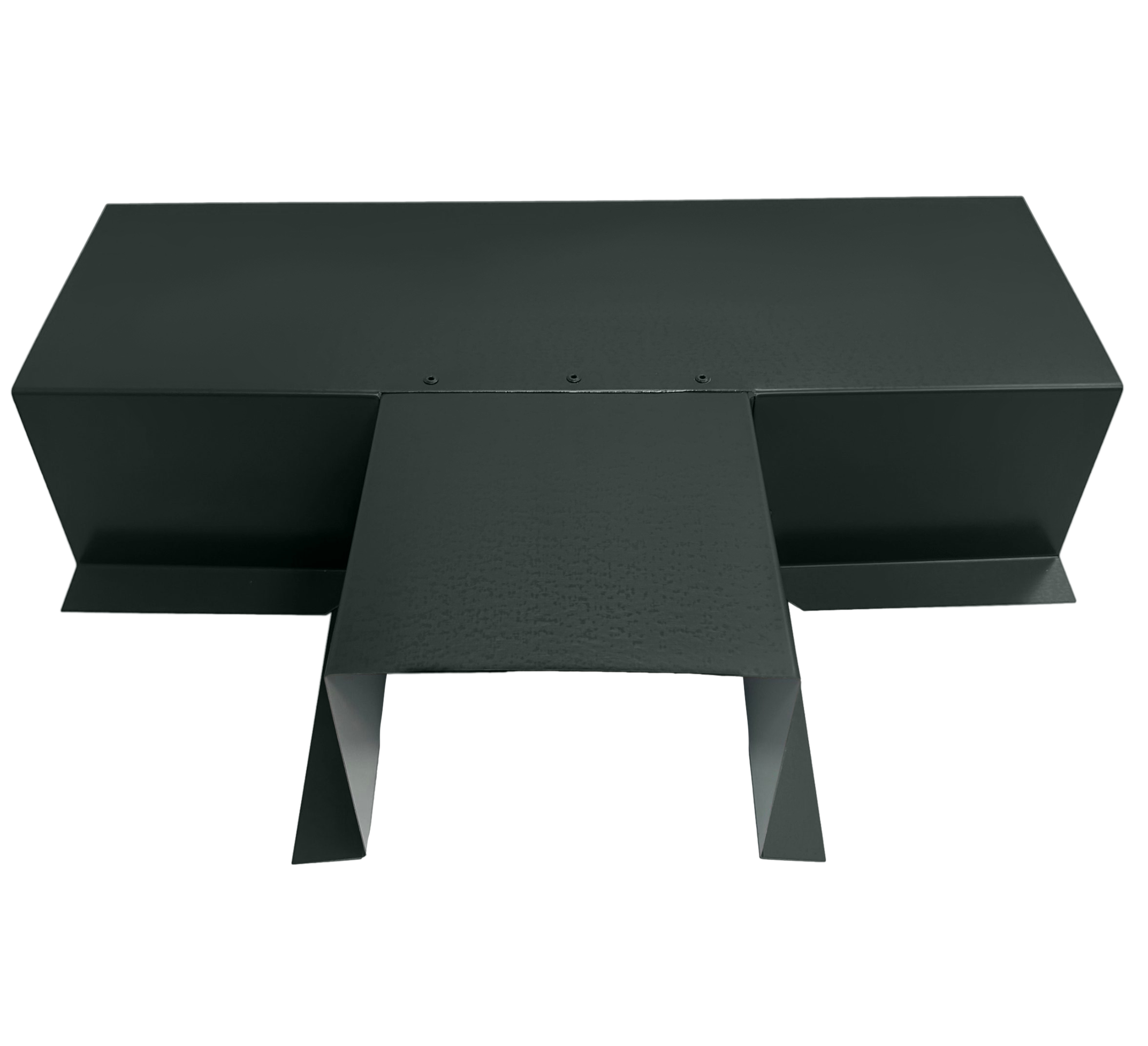 A PermaCover Metal HVAC Line Set Cover T-Joint Connector that is made to attach to exterior walls to cover existing HVAC line sets. The elbow cover is Charcoal Gray in color.