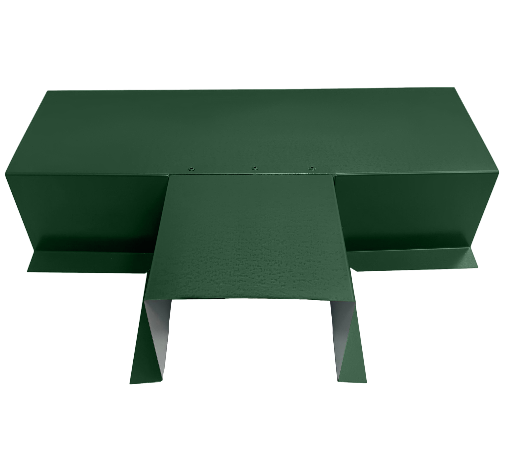 A PermaCover Metal HVAC Line Set Cover T-Joint Connector that is made to attach to exterior walls to cover existing HVAC line sets. The elbow cover is Classic Green in color.