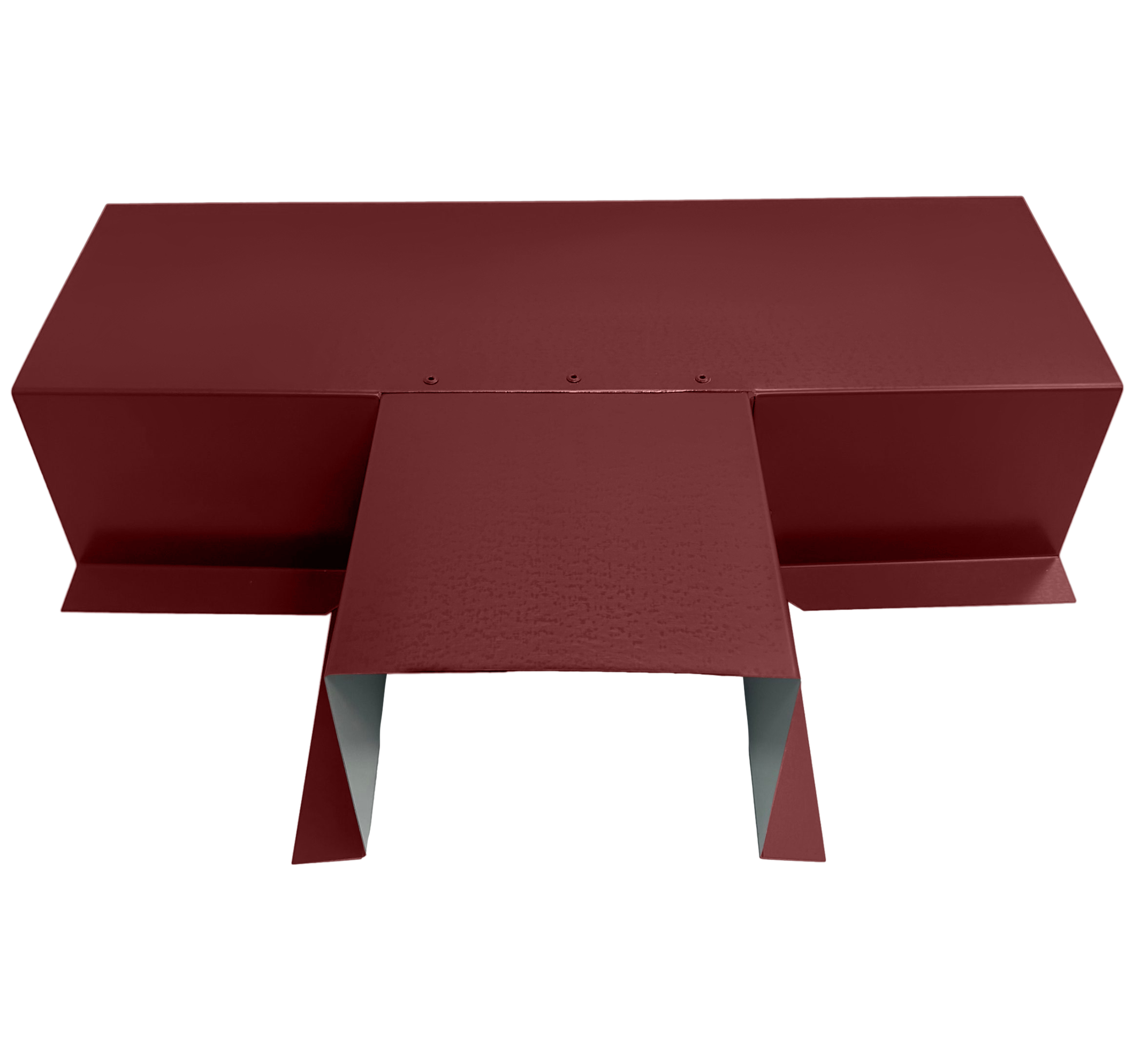 A PermaCover Metal HVAC Line Set Cover T-Joint Connector that is made to attach to exterior walls to cover existing HVAC line sets. The elbow cover is Colonial Red in color.