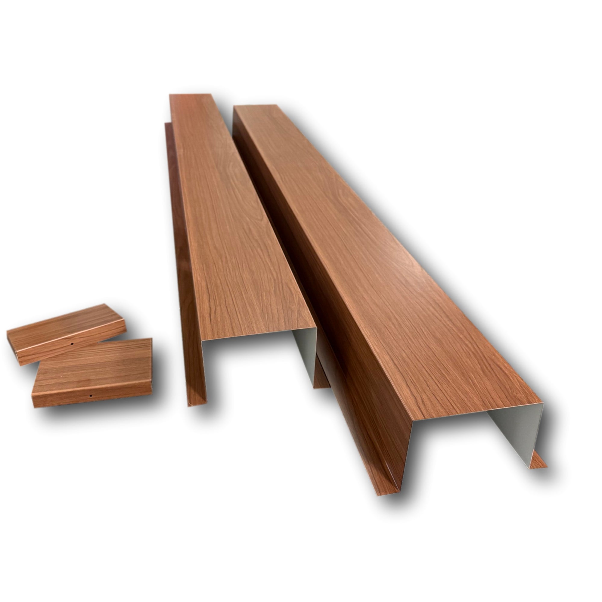 A PermaCover HVAC Line Set Cover used for covering exposed HVAC line sets. The cover is made from 24 Gauge Painted Steel and is a Chestnut Wood texture.