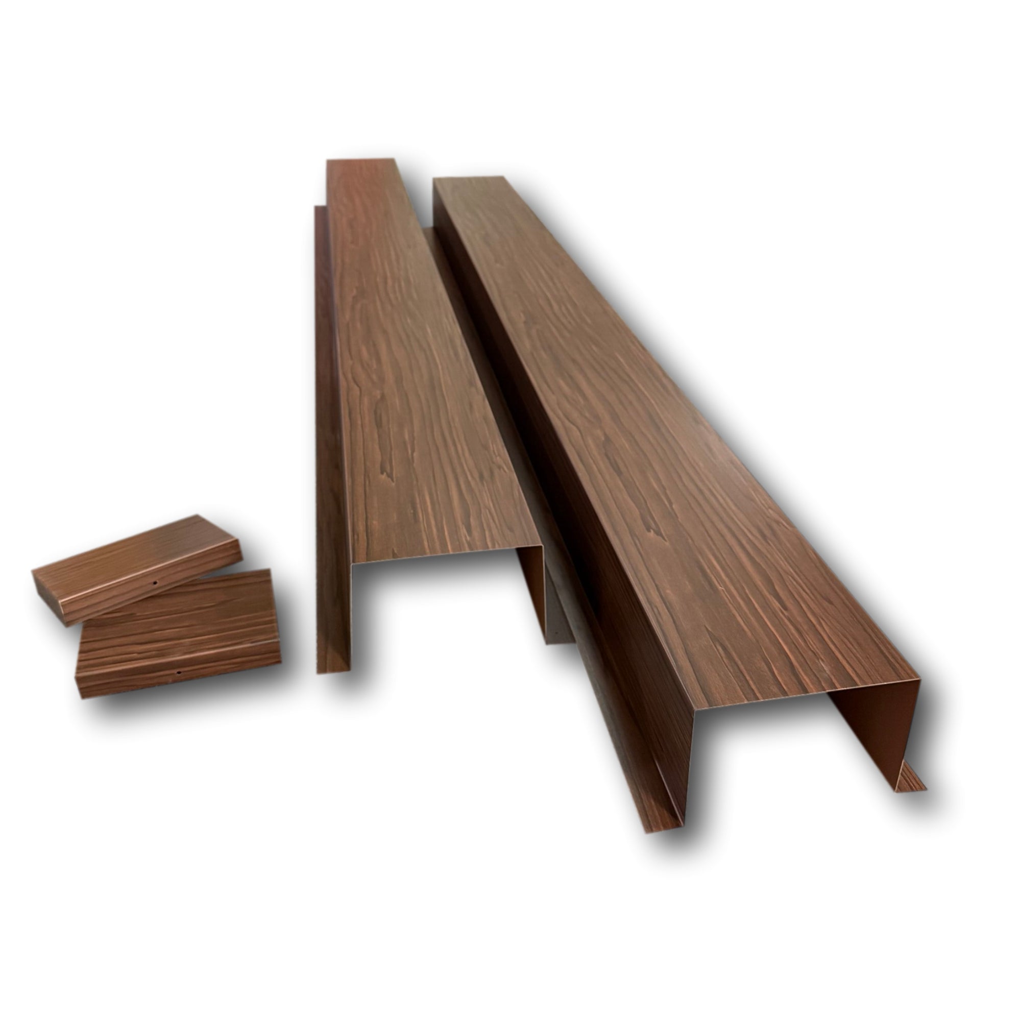 A PermaCover HVAC Line Set Cover used for covering exposed HVAC line sets. The cover is made from 24 Gauge Painted Steel and is a Dark Oak Wood texture.