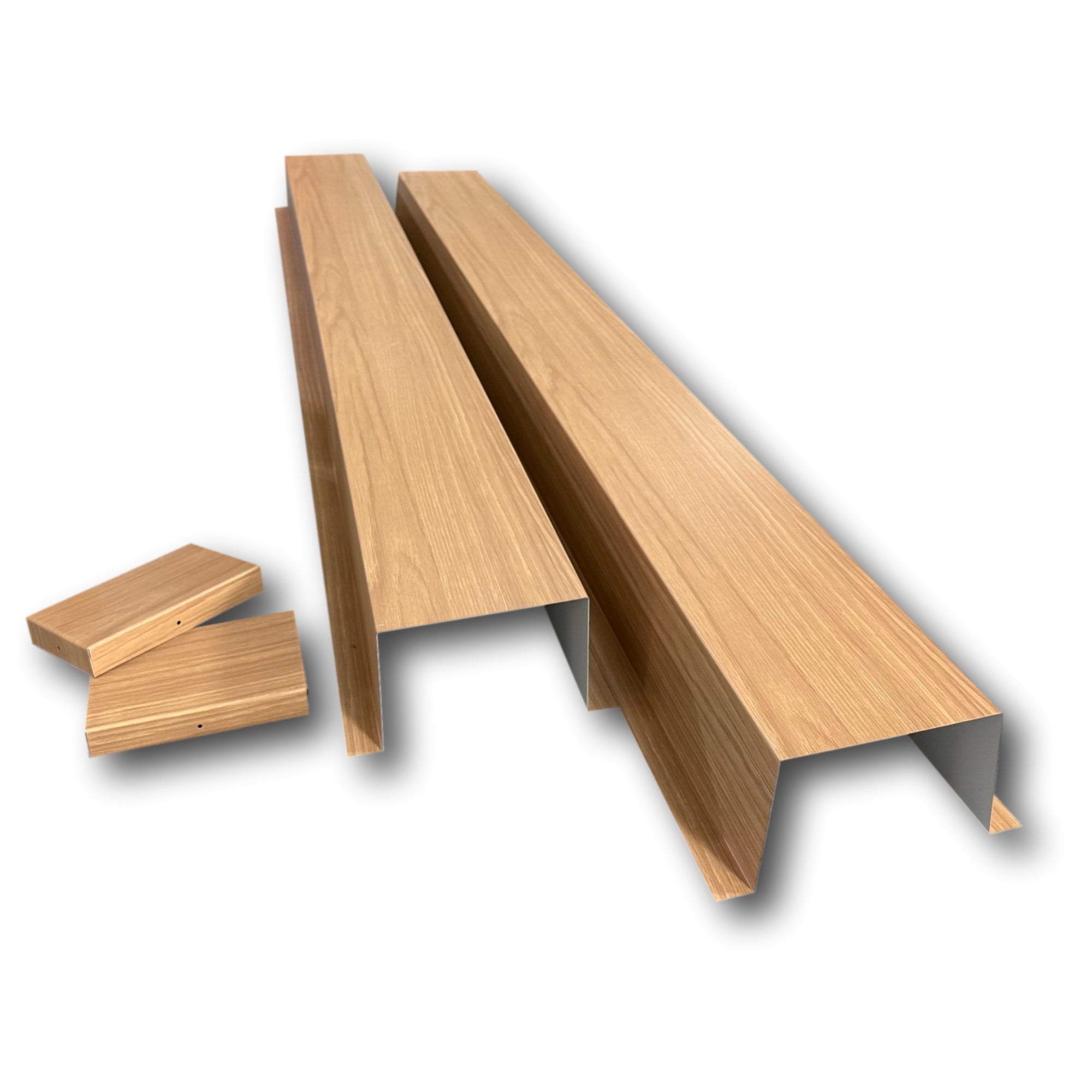 A PermaCover HVAC Line Set Cover used for covering exposed HVAC line sets. The cover is made from 24 Gauge Painted Steel and is a White Oak Wood texture.